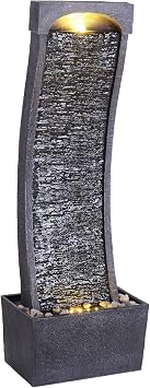Teamson Home 38.5" Modern Curved Outdoor Water Fountain Freestanding Floor Garden Waterfall Fountain with LED Lights, Weatherproof Polyresin Water Feature for Patio, Yard, Black & Stone Gray