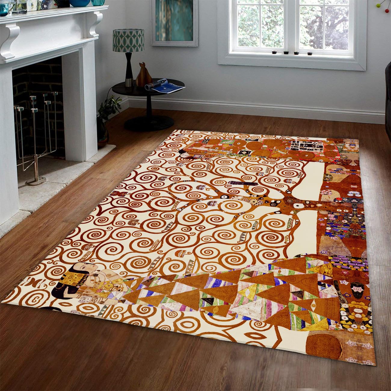 Nadający się do prania dywan 140 x 200 cm, odporny na plamy, do salonu, antypoślizgowy spód, beżowy, brązowo-złoty, spiralne drzewo, z nadrukiem, do sypialni, z możliwością prania