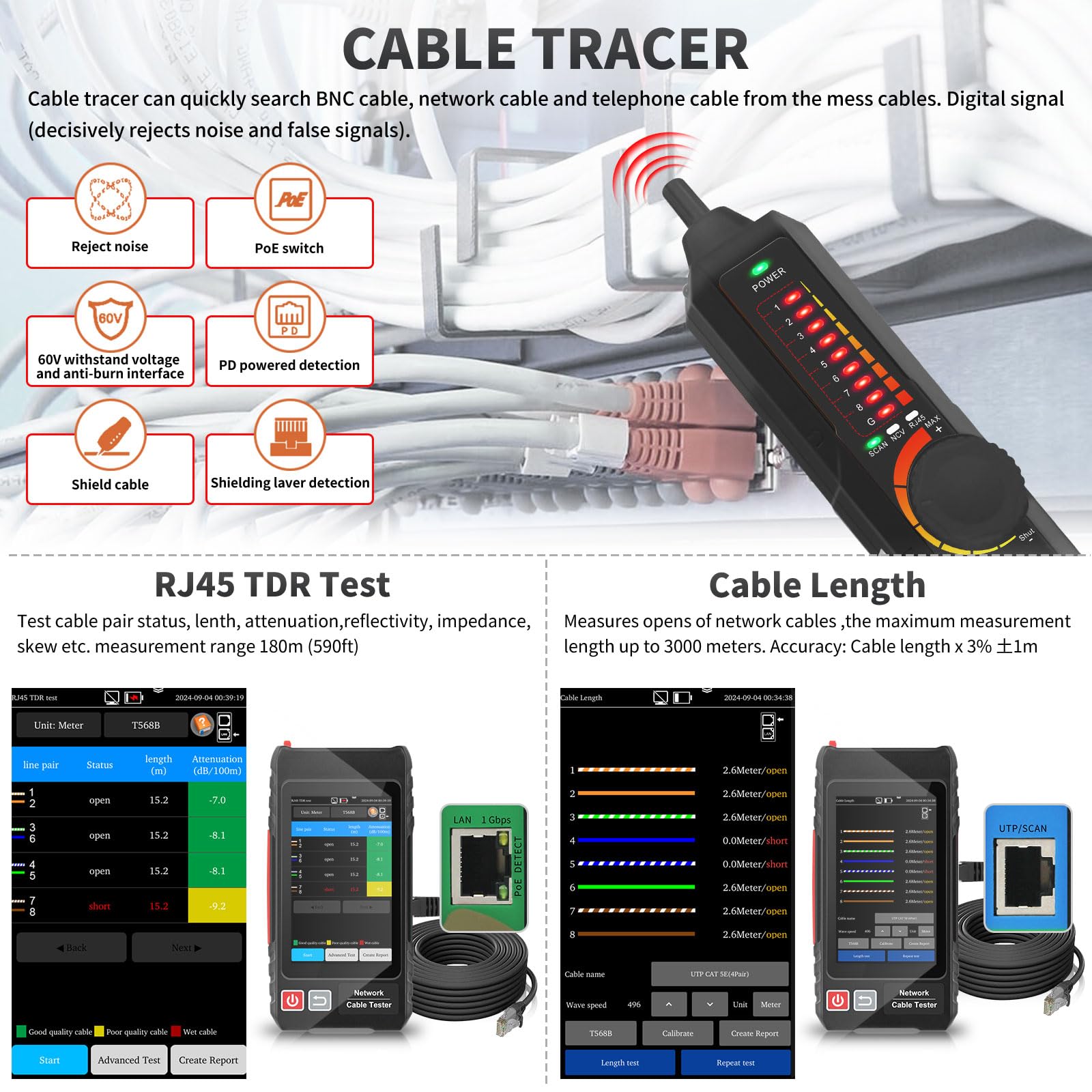 Tester multifunzione per cavi di rete, tester per cavi Ethernet UTP, tracciatore di cavi, tester di rete touch screen IPS ricaricabile da 4 pollici, test POE, RJ45 TDR, lunghezza, strumenti di rete IP