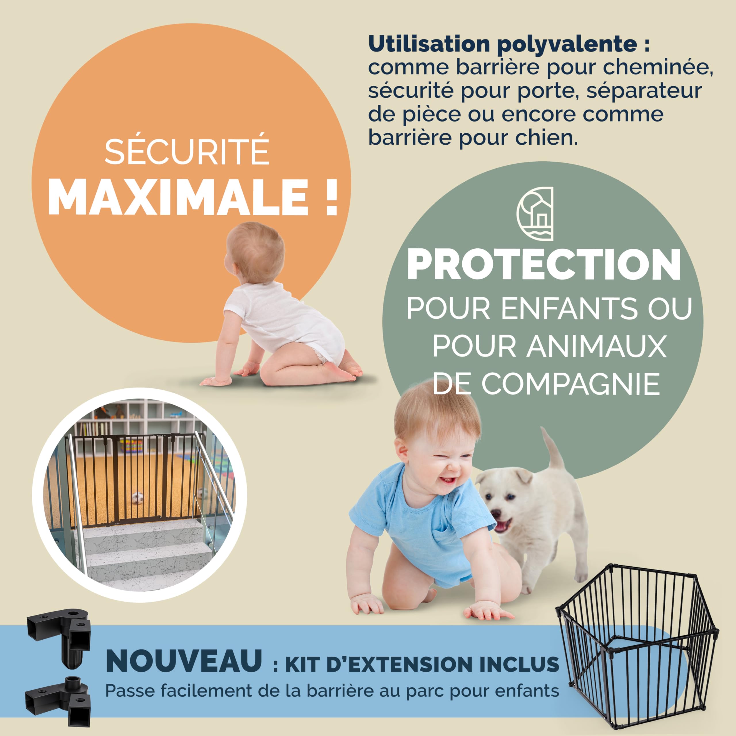 CASARIA® Barrière de sécurité 5 Panneaux modulables Grille de Protection cheminée Parc bébé Cloture Chiens sans perçage et réglable