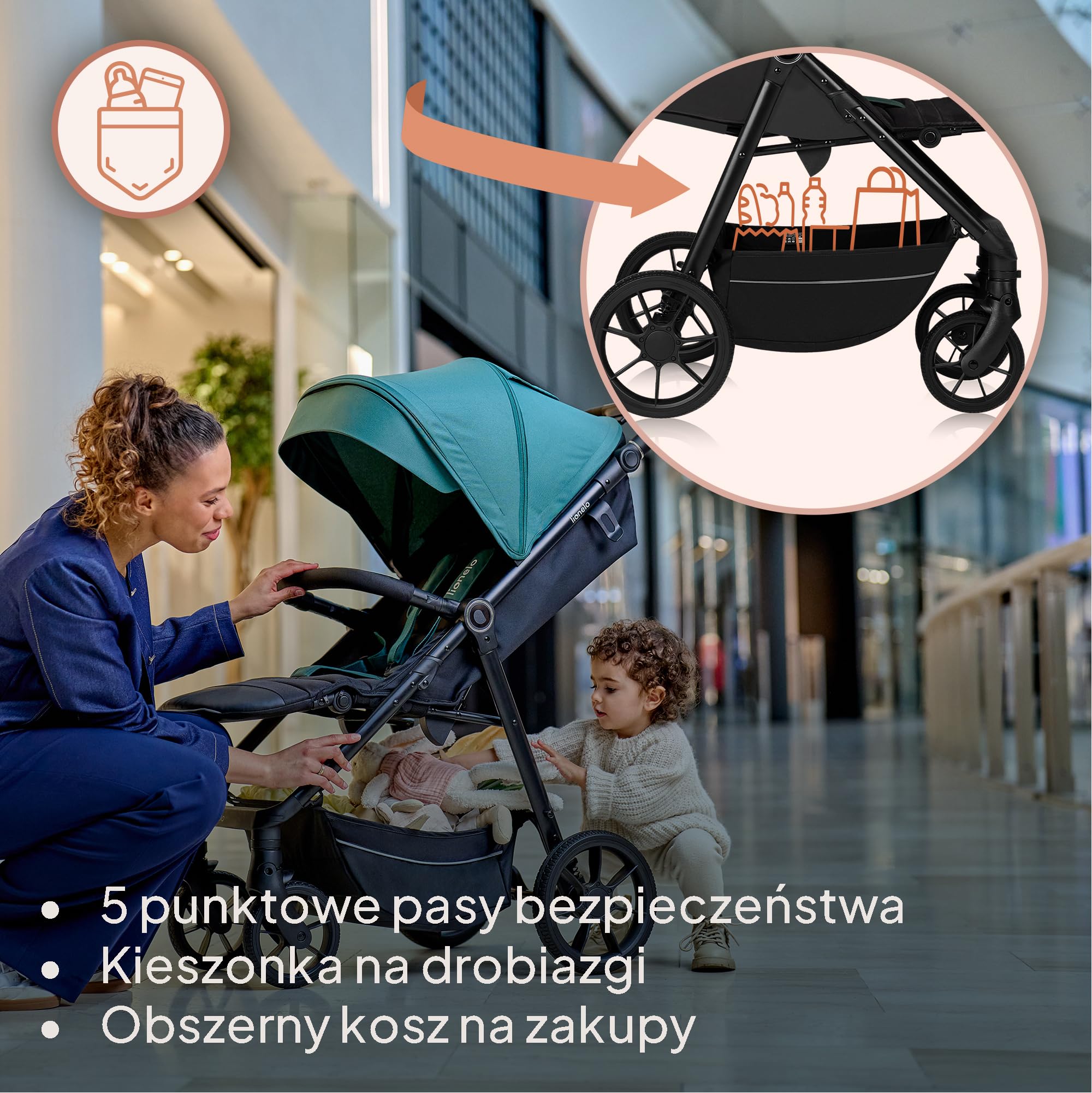 LIONELO Kompaktowy wózek dziecięcy MIRA dla dzieci w wieku od 6 miesięcy do 4 lat / 22 kg, kółka obrotowe 360° pełne zawieszenie, regulowane oparcie i podnóżek, stojak XXL UPF50+, duży kosz