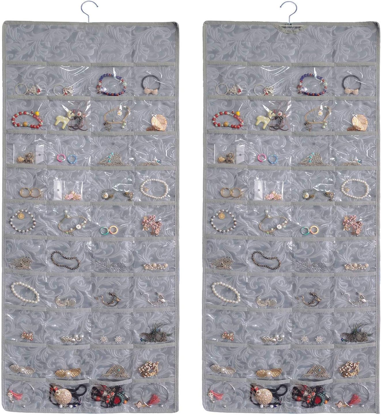 BB Brotrade Hanging Jewelry Organizer,Double Sided Jewelry Storage Organizer with Embossed Pattern,80 Clear PVC Pockets Organizer for Holding Jewelries (Grey)