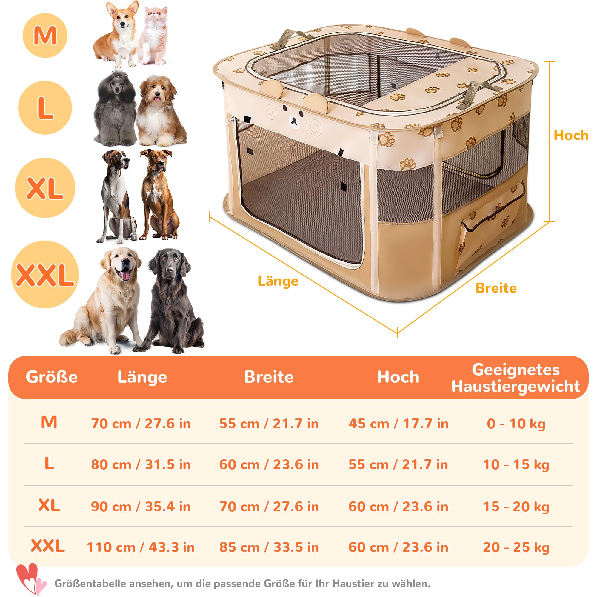 ALLSOPETS Welpenauslauf Faltbarer Laufstall Hund Katze, Tragbarer Welpenlaufstall Hundebox Freigehege mit Tragetasche für Innen, Außen, Reisen und Camping (Brauner Bär, XXL)