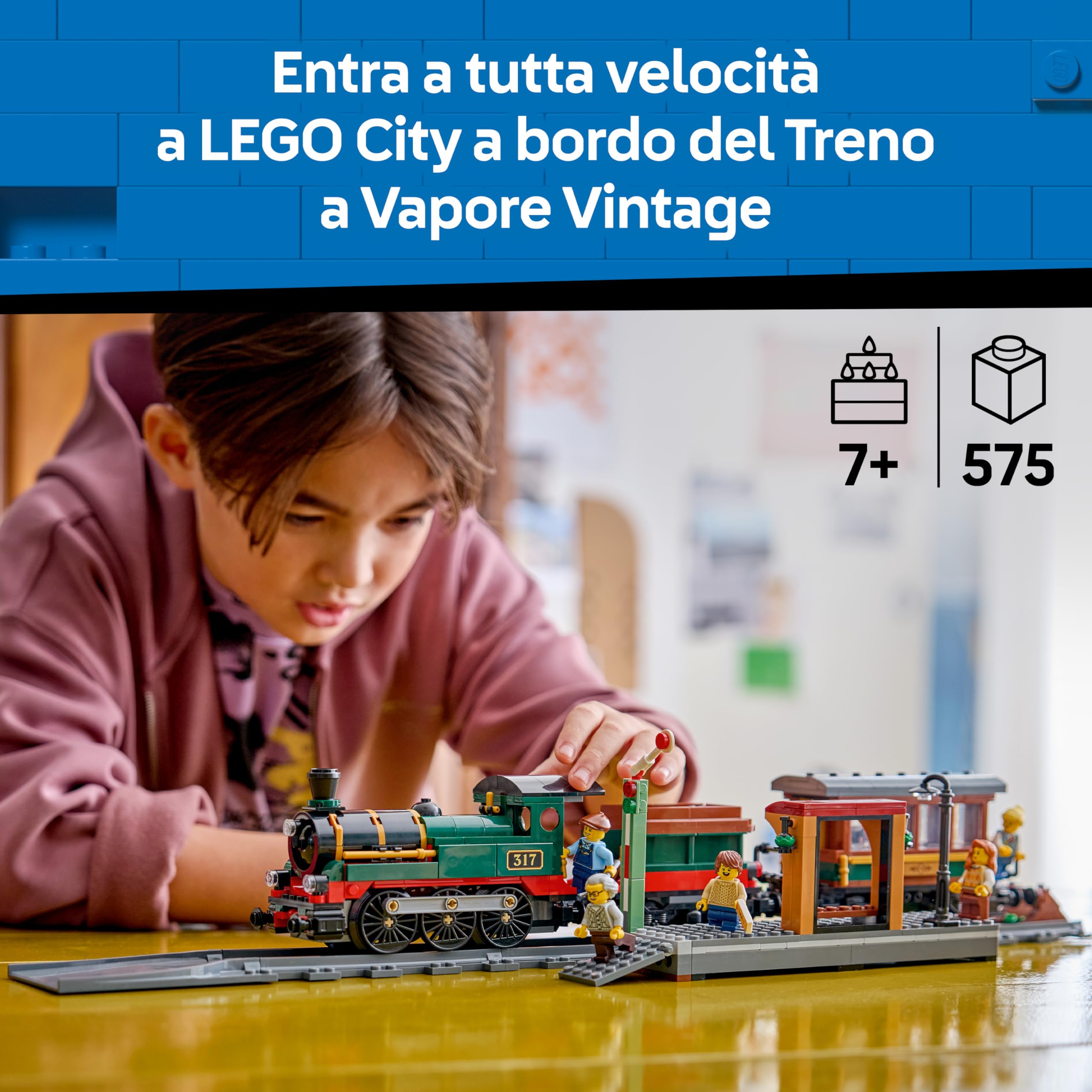 LEGO City Treno a Vapore Vintage Giocattolo - Kit di Modellismo STEM con Stazione, Binari, Cabina di Comando, Segnale di Stop e 5 Minifigure - Regalo di Compleanno per Bambini da 7 Anni in su - 60511
