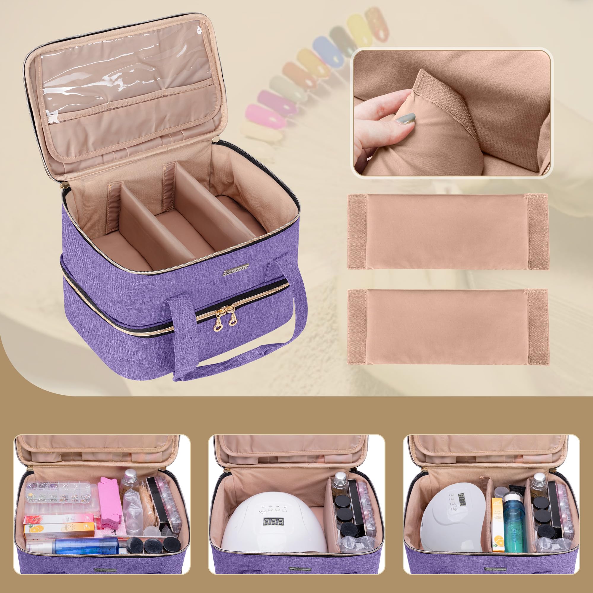BAFASO Organizer na lakier do paznokci mieści 40 butelek (15 ml - 0.5 fl.oz) i lampę do paznokci, etui na lakier do paznokci z sekcjami do przechowywania narzędzi do manicure (tylko torba), fioletowy
