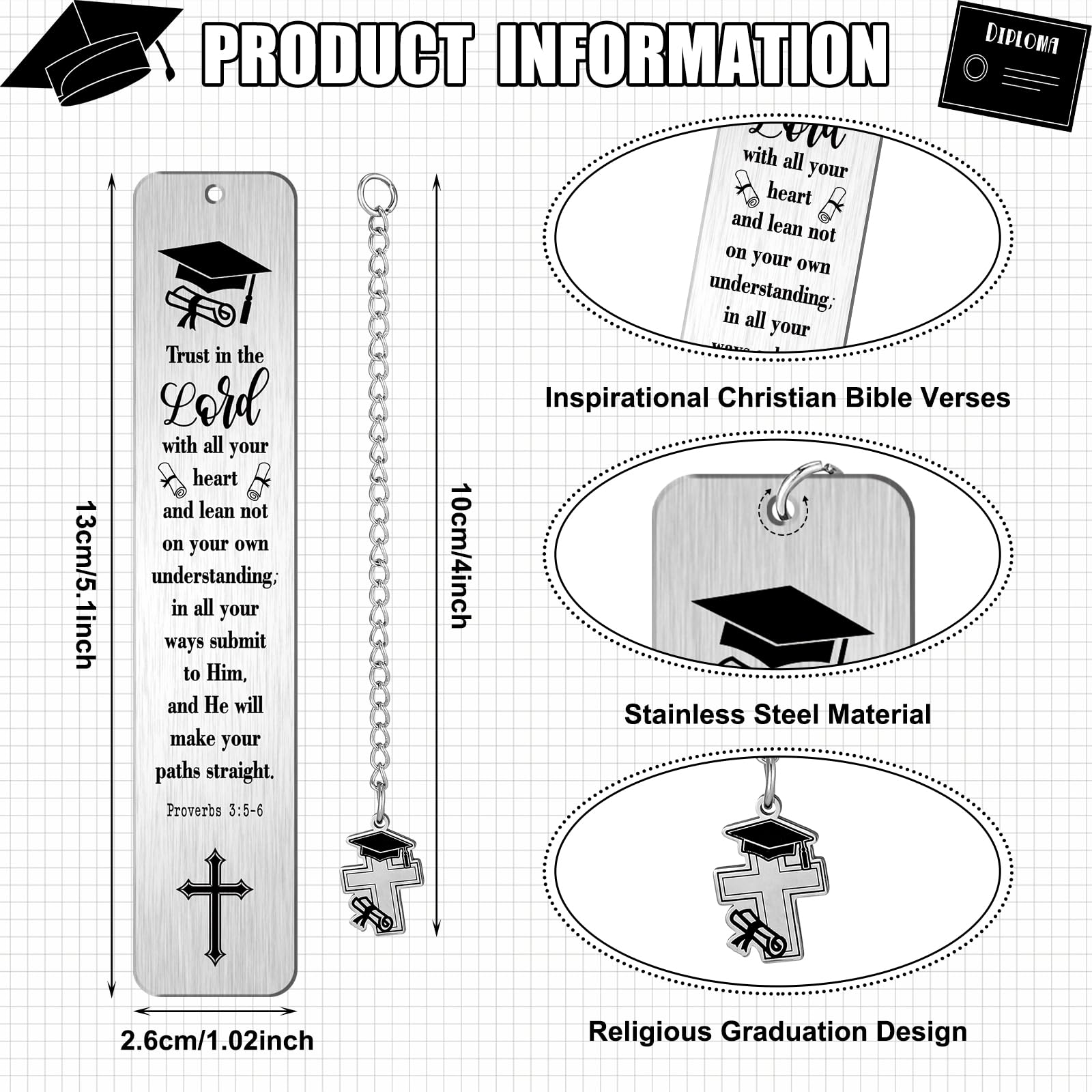 12 Pcs Metal Bible Verse Bookmark Christian Graduation Gifts Inspirational Cross Chain Religious Graduation Gift Class of 2026 for Graduates College High Middle School Student Grad Him Her