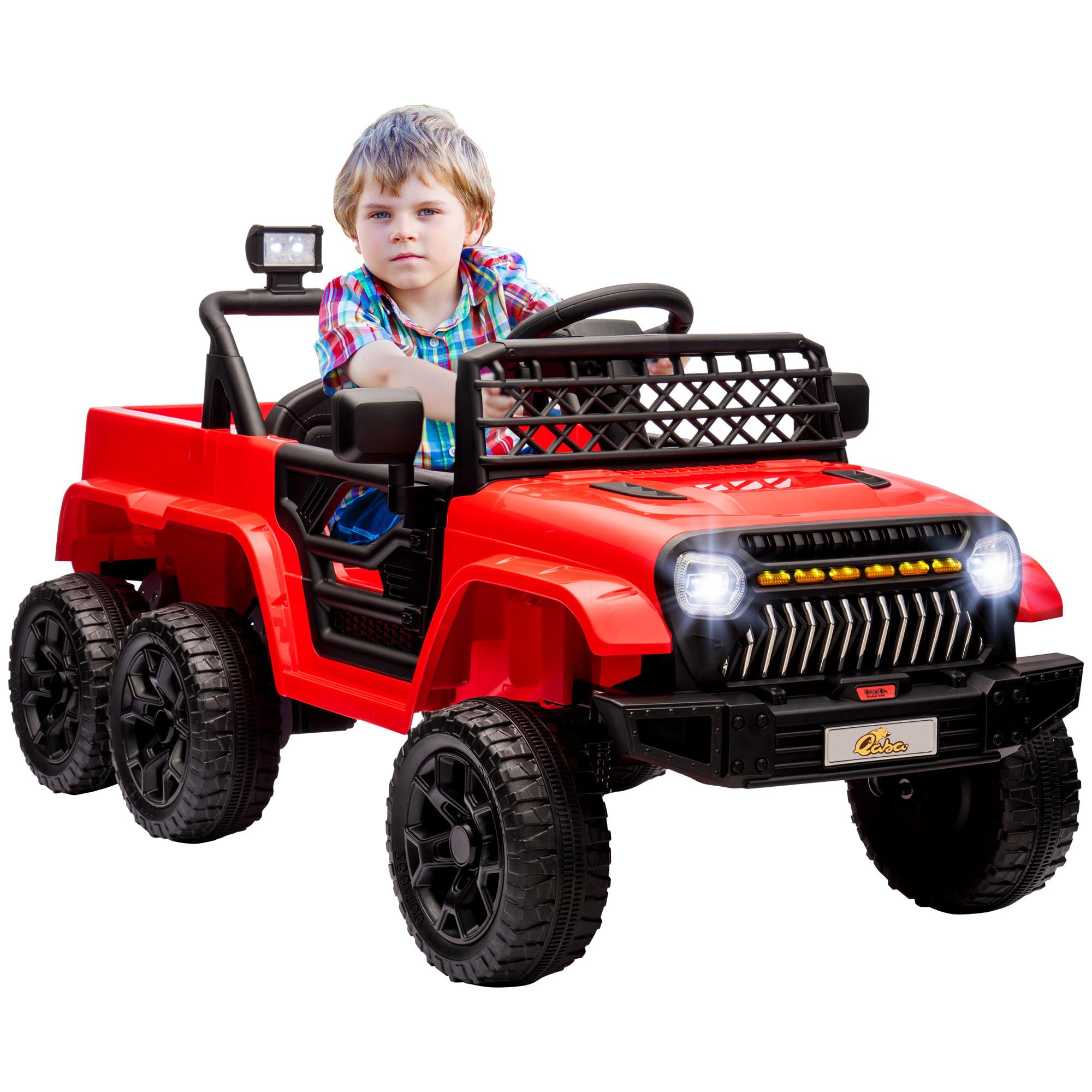 Qaba 12V 4x4 Kids Ride on Truck with Back Trailer, 2WD/4WD Switchable Kids Electric Car with Parent Remote Control, Spring Suspension System, Soft Start, Music, LED Light, Horn, Red