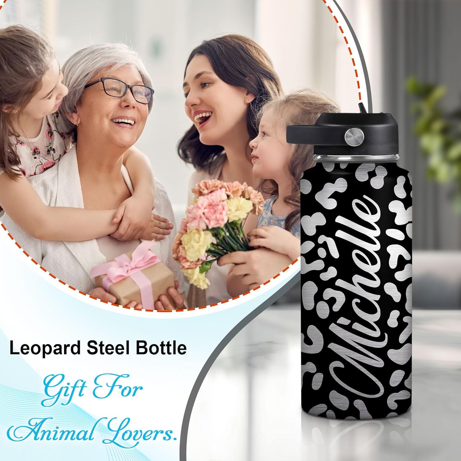Hyturtle Personalized Leopard Water Bottle - Insulated Stainless Steel Bottle with Leak-Proof Lid 18oz 32oz - Leopard Print Gift for Women, Girls, Animal Lovers - Birthday & Christmas Gift