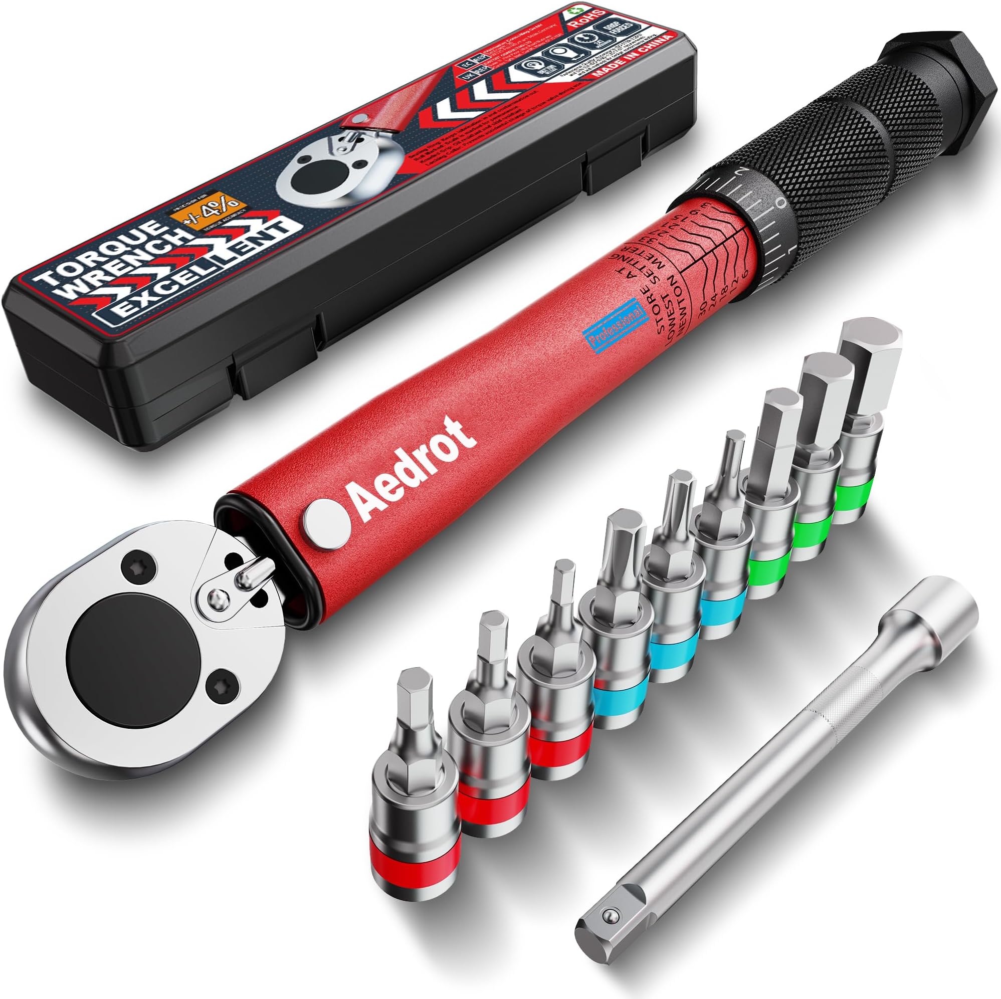 1/4 Inch Drive Click Torque Wrench Set 3-33 Nm 11 Piece Red