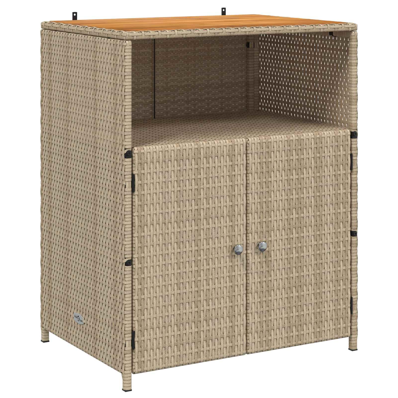 Armadio in rattan beige, 70 x 50 x 87 cm, con porta, in legno massello di acacia e telaio in acciaio verniciato a polvere, scaffali e ante in polyrattan, spazioso spazio per attrezzi da