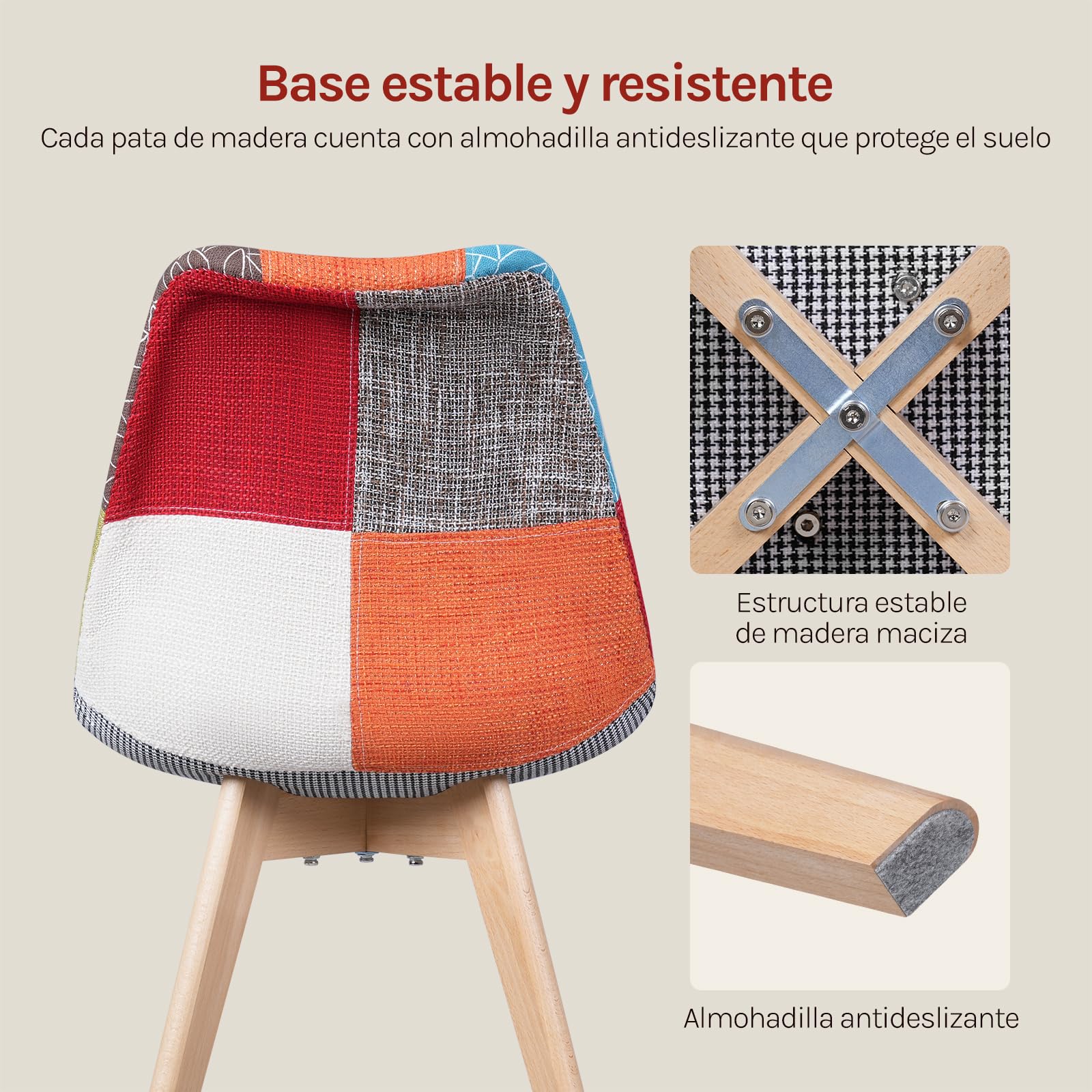 WOLTU Juego de 4 Sillas de Comedor,Patchwork,Multicolor | Patas de Madera Maciza FSC, Estilo Escandinavo, Transpirable y Cómoda, para Comedor o Salón