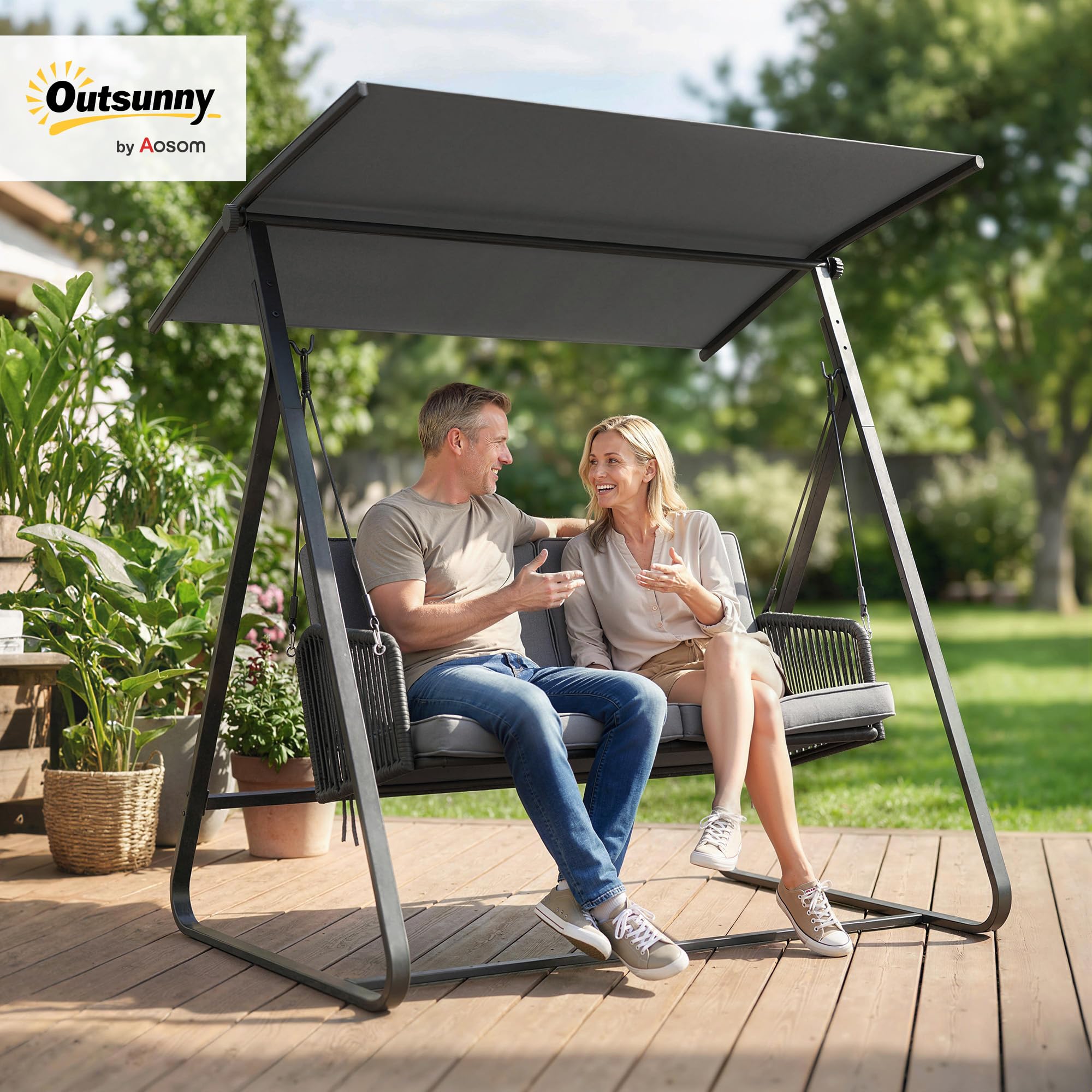 Outsunny - Balancín de jardín (2 plazas, resina trenzada, columpio exterior con techo ajustable y cojín grueso, marco de acero, carga 240 kg, para balcón, jardín, terraza, 150 x 128 x 168 cm, color