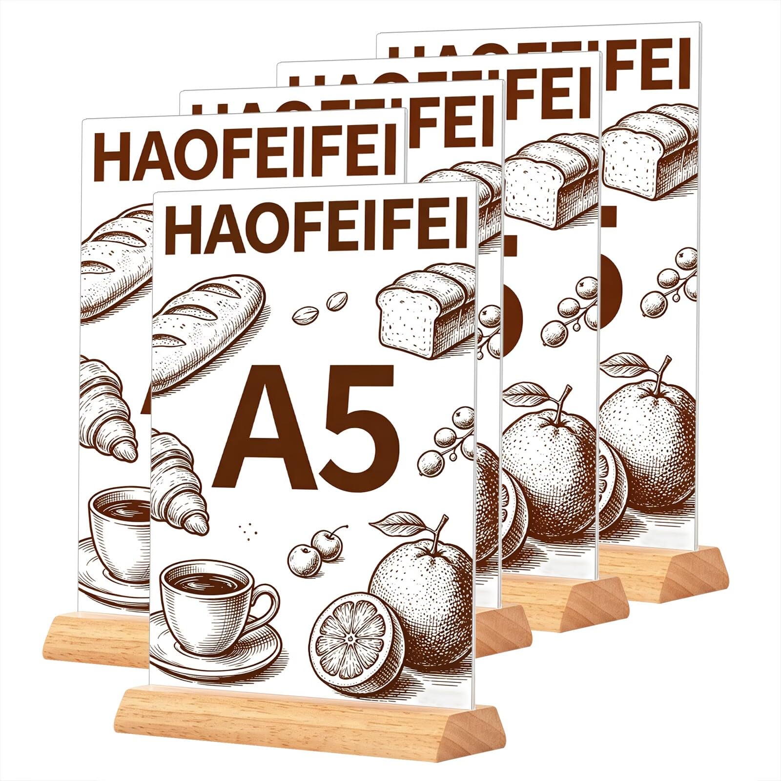 HAOFEIFEI Acrylic Sign Holder A5 with Wood Base 5 Pack, Clear Plastic Double-Sided A5 Menu Display Stand, T-Shape Table Stand for Restaurant Cafe Shop Hotel Bar Company, Easy Slide-In Portrait