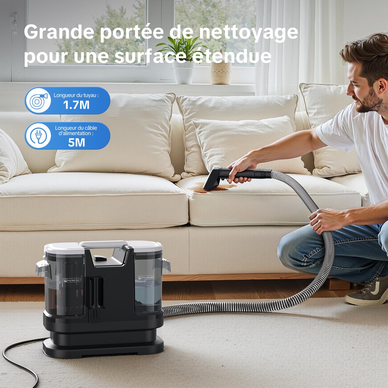 Shampouineuse Canapé et Tapis 600W, Nettoyeur Textile 18 kPa avec Aspiration Puissante, Injecteur Extracteur pour Canapé, Moquette, Matelas et Voiture, Nettoyage en Profondeur