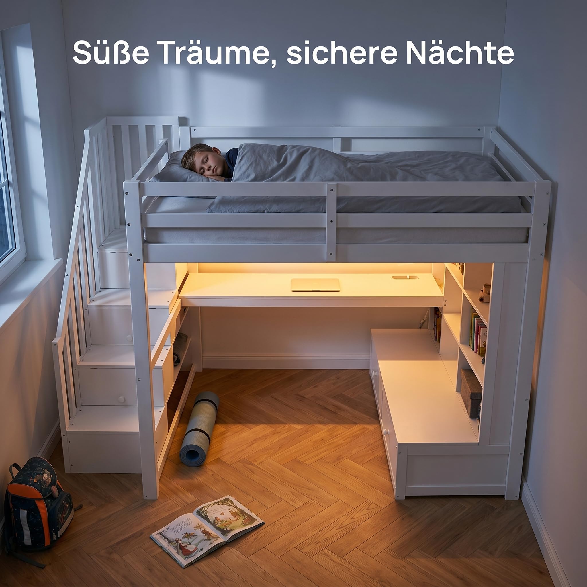 Su & Chan Legence Hochbett 140x200 mit Schreibtisch, Kinderbett aus massivem Kiefernholz mit Stauraumtreppe, Schubladen, Regalen und LED Beleuchtung, Weiß