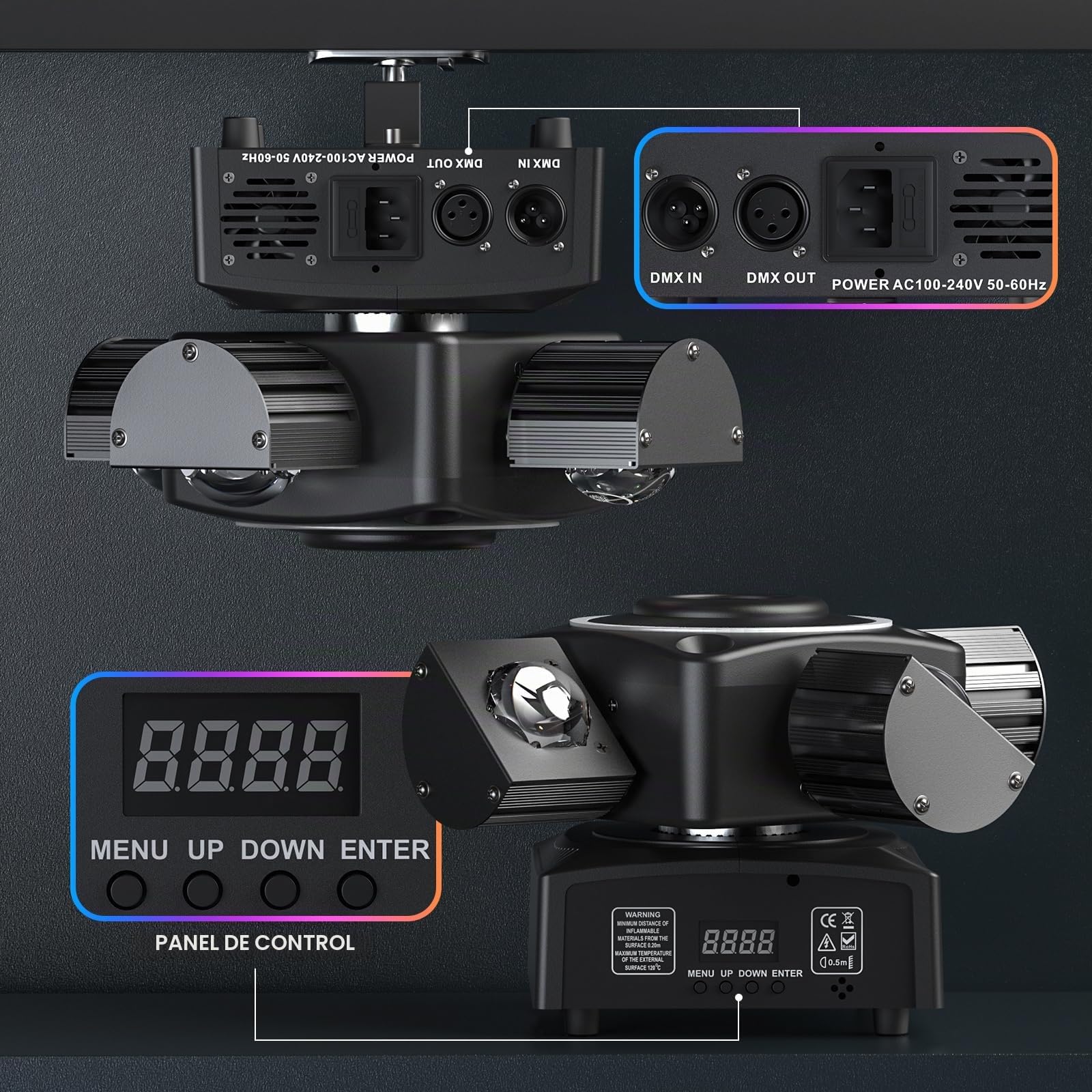 120W Cabeza Móvil LED Foco efecto de Zoom de Lavado de Luz de Haz de 4 Brazos con Iluminación de DJ Mixta Controlada por DMX para Bodas, Discotecas, KTV, Clubes de Bodas