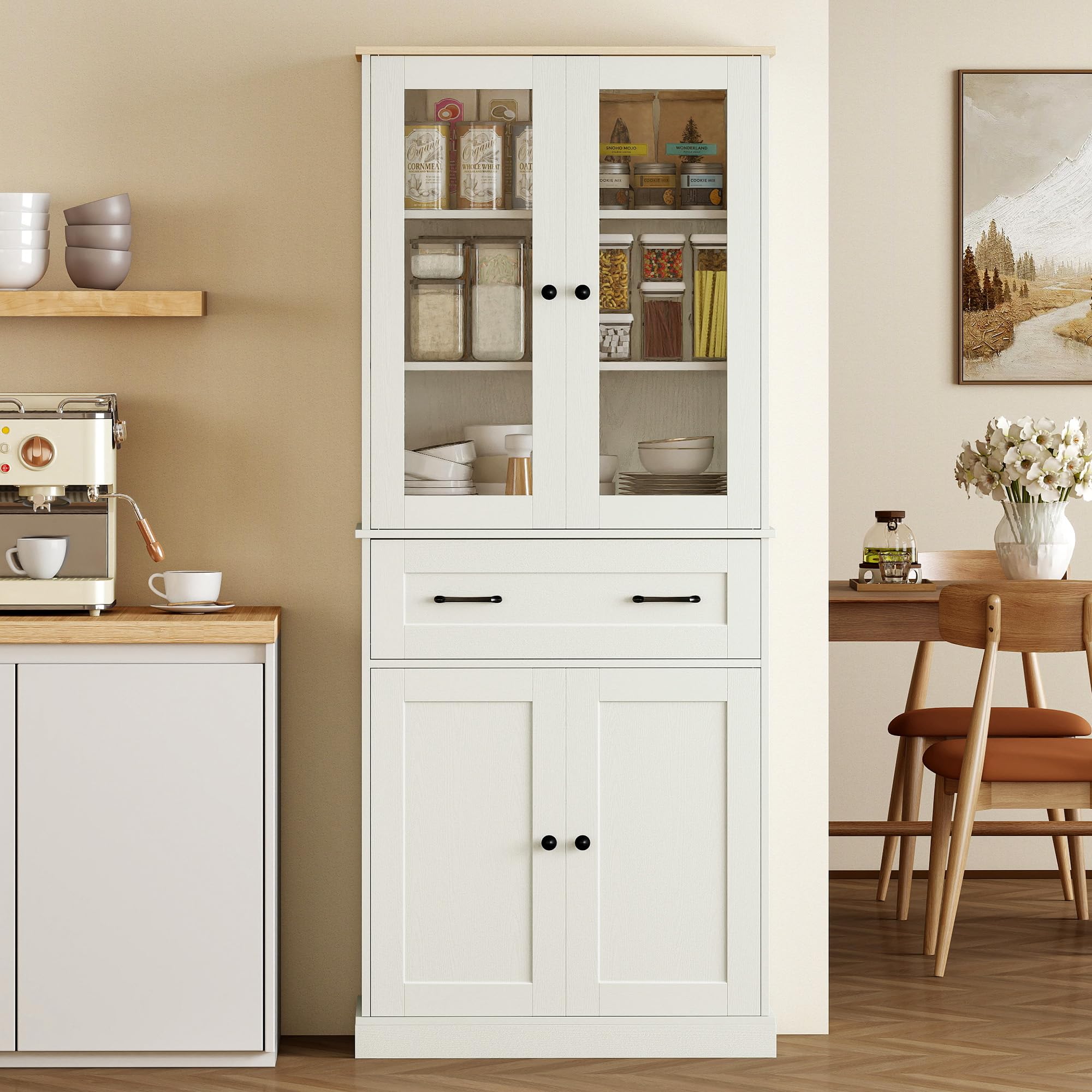 HOMCOM Alacena de Cocina, Mueble Auxiliar de Cocina con 2 Puertas de Acrílico, Cajón Grande, Estantes Ajustables, para Comedor, 76x40x182,5 cm, Crema