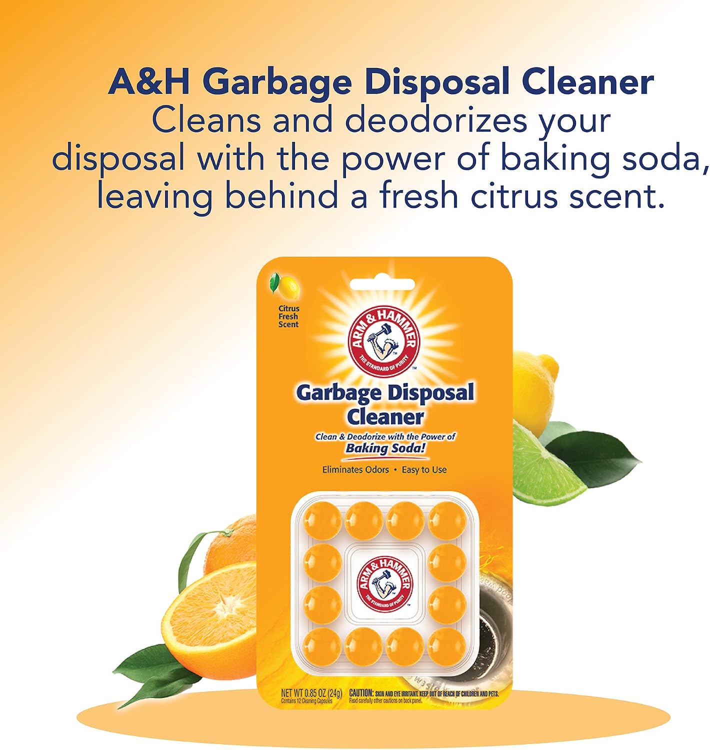 Arm & Hammer 48-Count Sink Garbage Disposal Cleaner, Freshener & Deodorizer Capsules Citrus Scent, with Power of Baking Soda