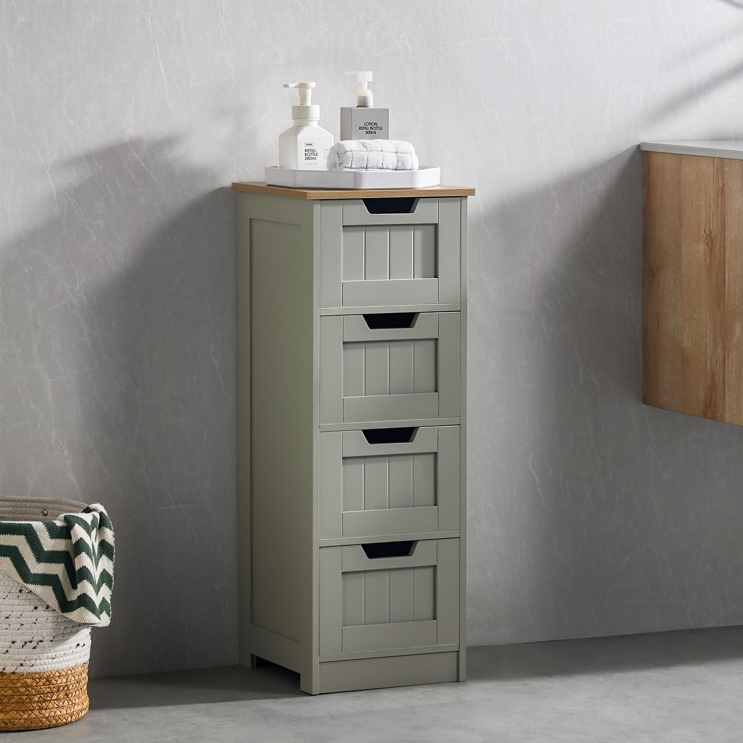 Bath Vida Priano Bathroom 4 Drawer Floor Standing Cabinet Unit Storage Wood, Grey