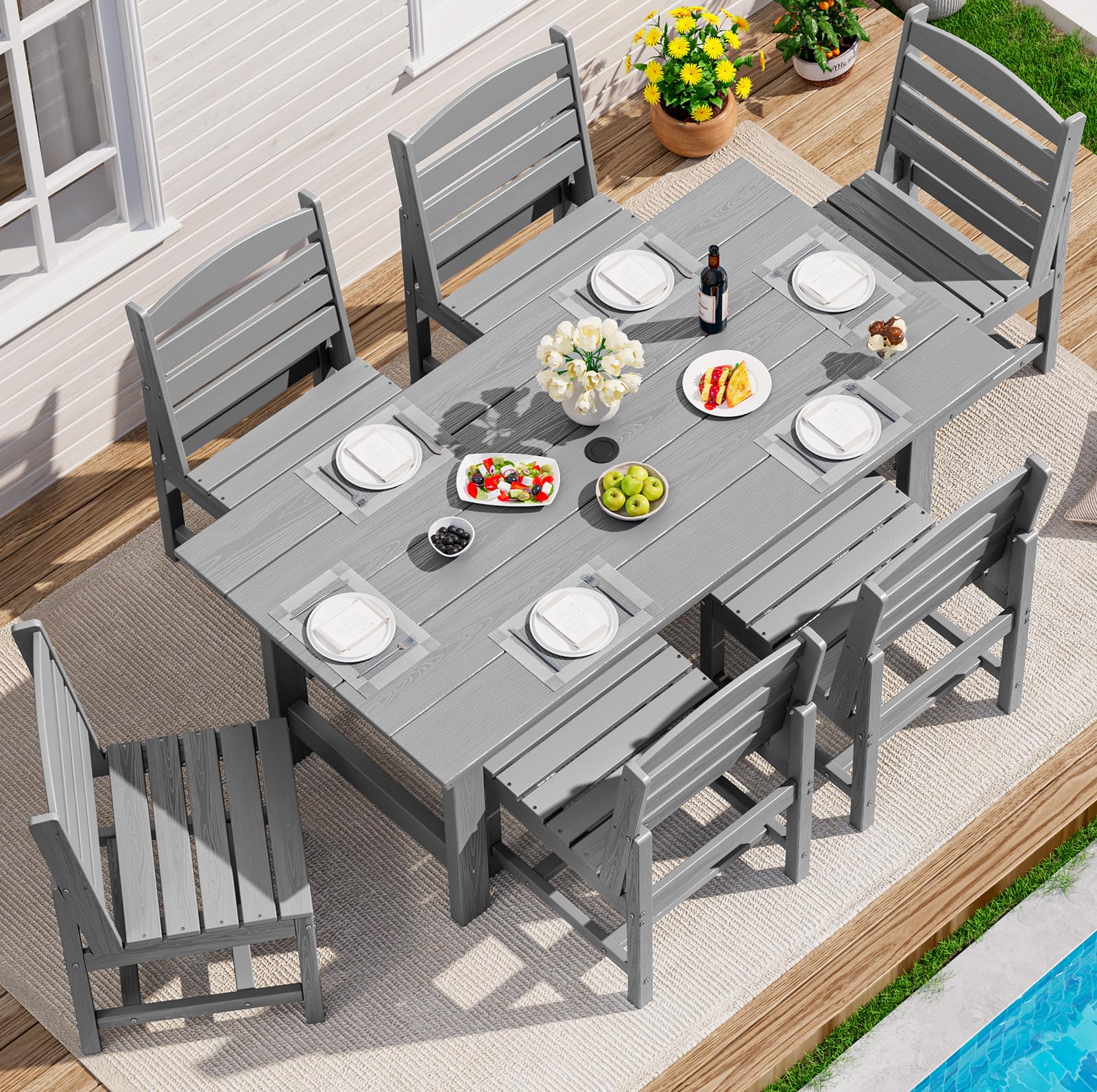 SERWALL 7-Pc HDPE Patio Dining Set, 1 Table &amp; 6 Armless Chairs, Light Gray | HDPE Outdoor Dining Set with Rectangular Table &amp; 6 Armless Chairs, All-Weather Resistant SERWALL Dining Set for 6