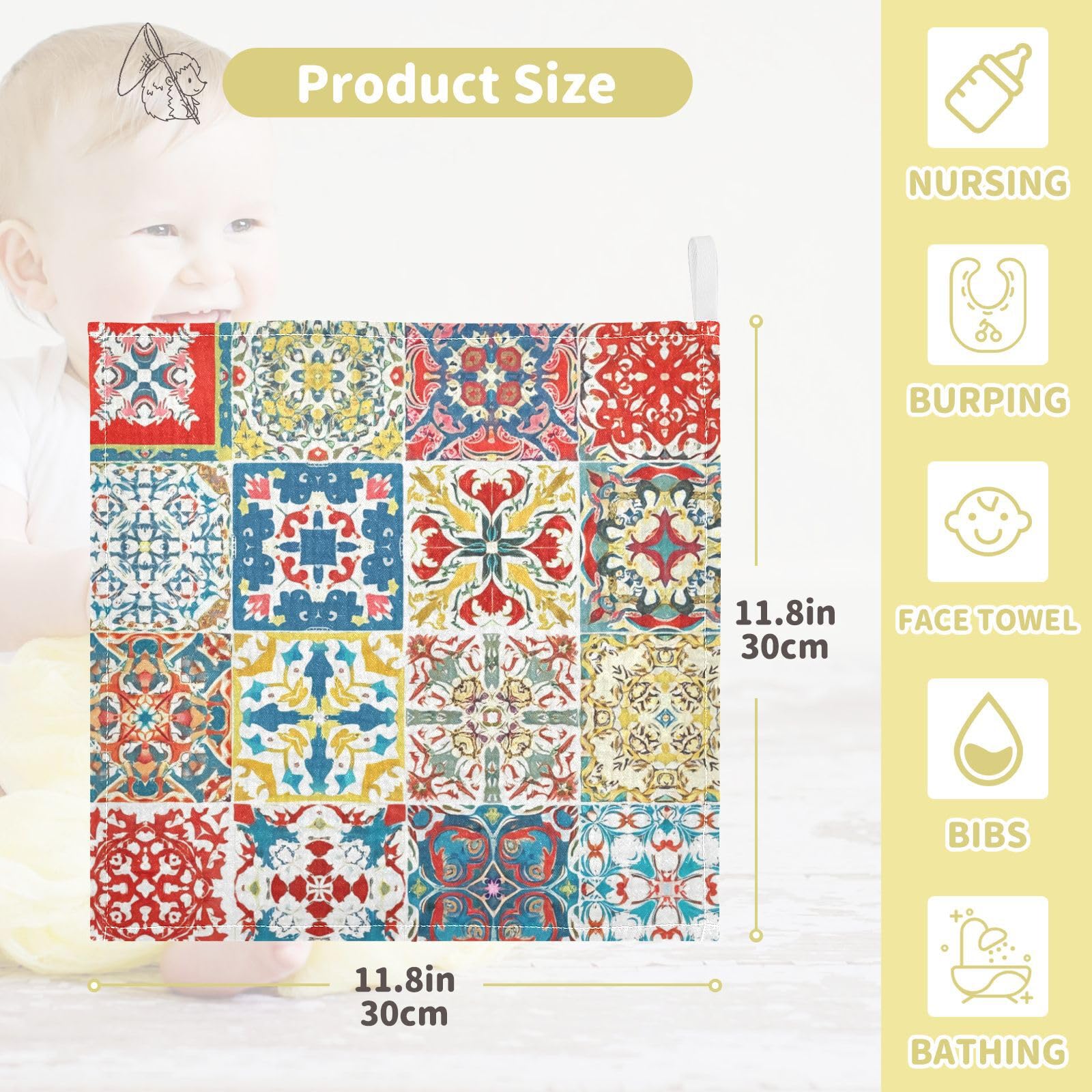 Kigai Mexican Ceramic Tile Pattern Baby Washcloths,5pcs Ultra Soft Absorbent Towel,Newborn Bath Face Towel, Natural Reusable Baby Wipes for Sensitive Skin, Baby Registry as Shower