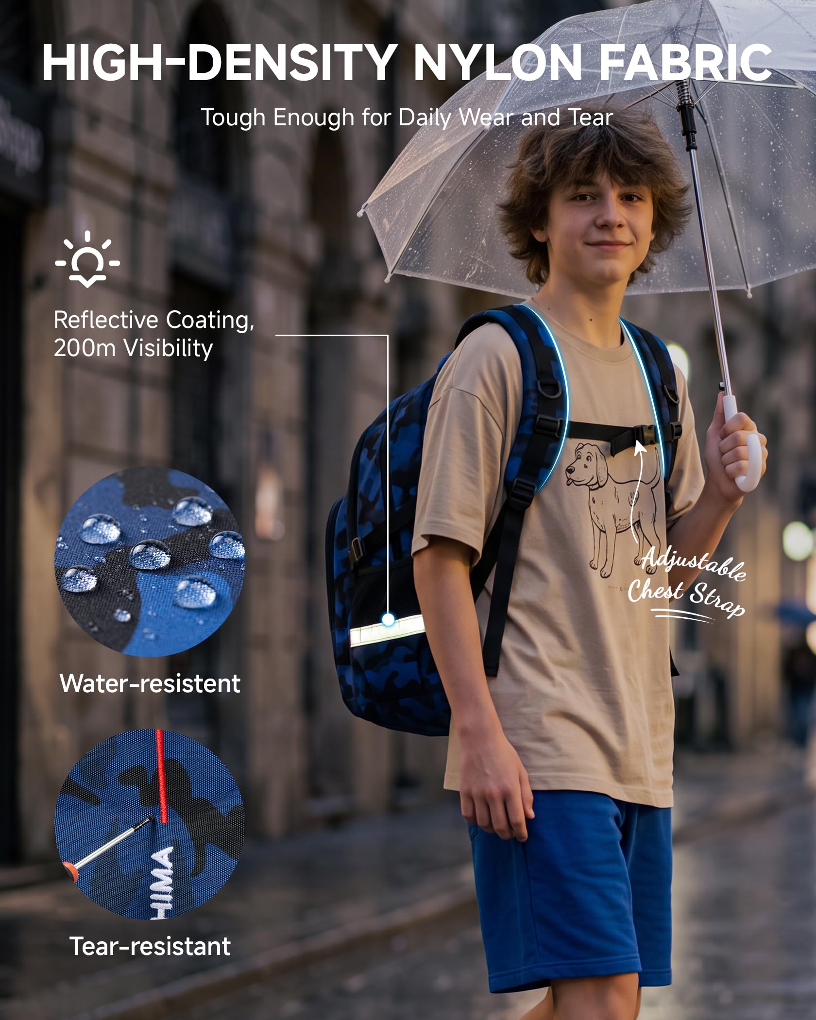 Tanou Zaino Scuola per Ragazzi, Zaino Media Ragazzo Traspirante | 28L Grande Capacità, Zaini Casual Mimetico en Nylon Impermeabile Buono per La Scuola e i Viaggi, Blu