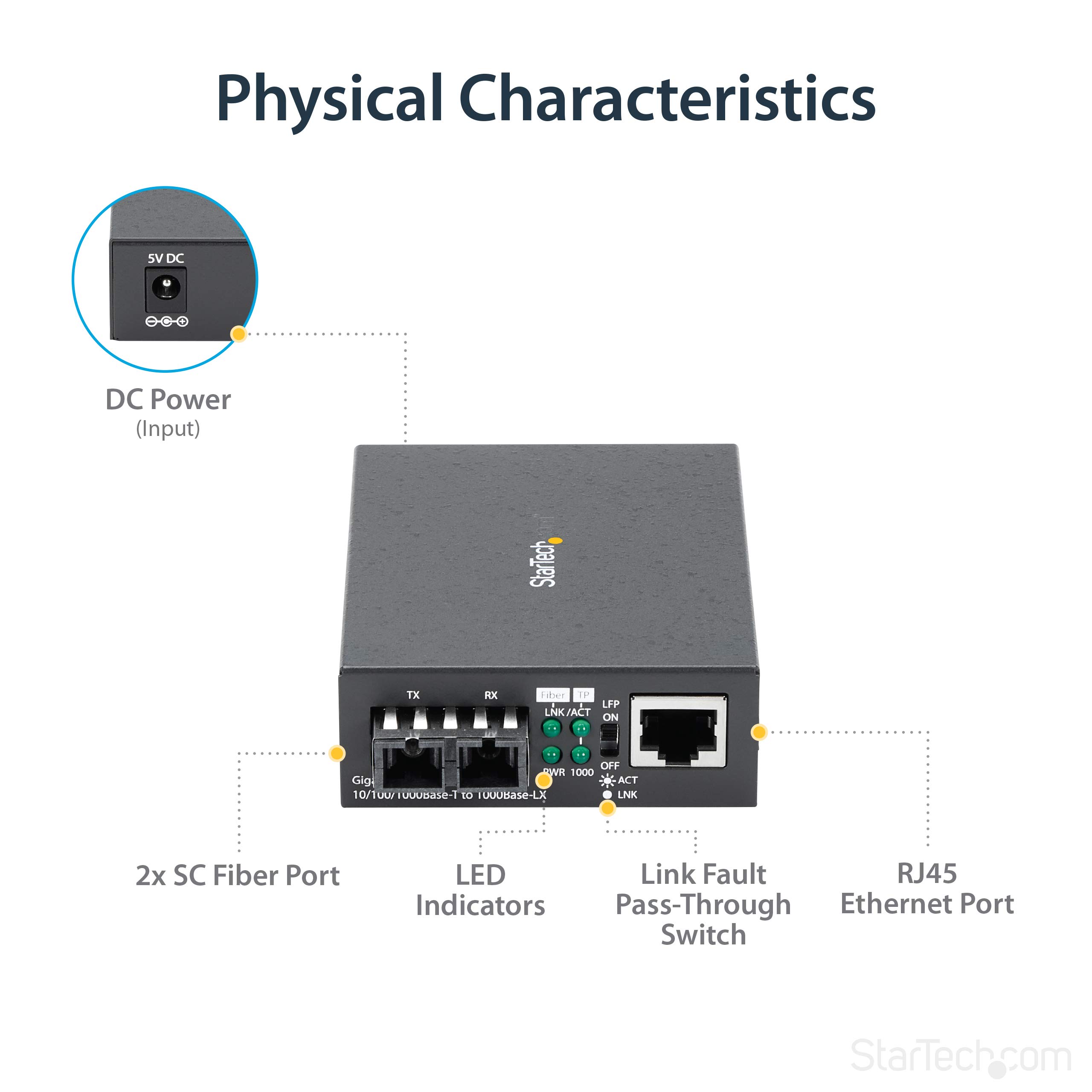 StarTech Convertisseur Média Gigabit Fibre SC Monomode, 1000BASE-LX, 10km | Cuivre vers fibre, 1310nm, Connexion SC duplex, Compact, Fixation murale