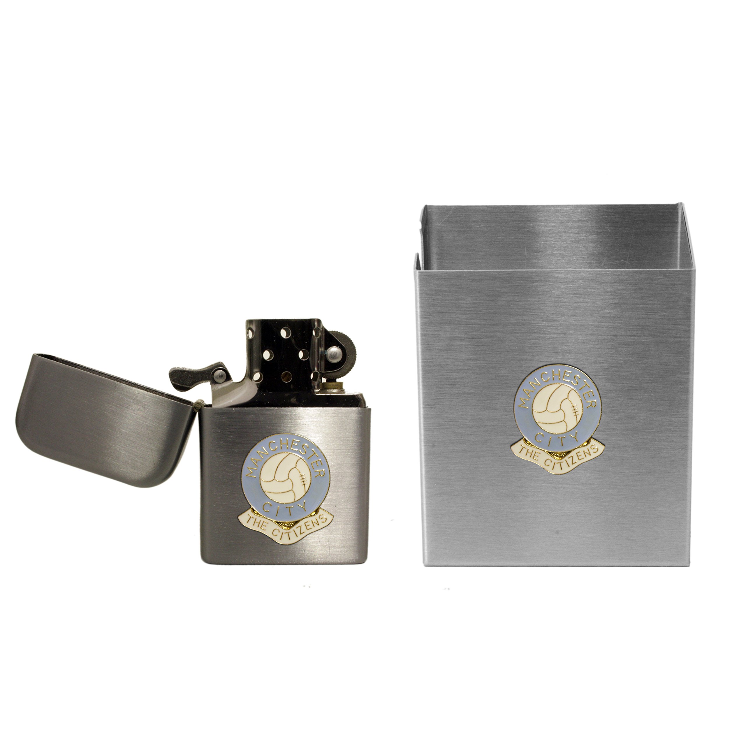 Knight Manchester City Football Club Stormproof Petrol Lighter And Metal Cigarette Packet Cover