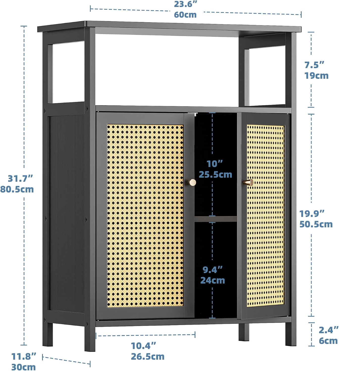 HITNET Rattan Bathroom Storage Cabinet, Bamboo Floor Cabinet with 2 Doors and Open Shelf, Freestanding Cupboard for Living Room, Entryway, Kitchen, Black
