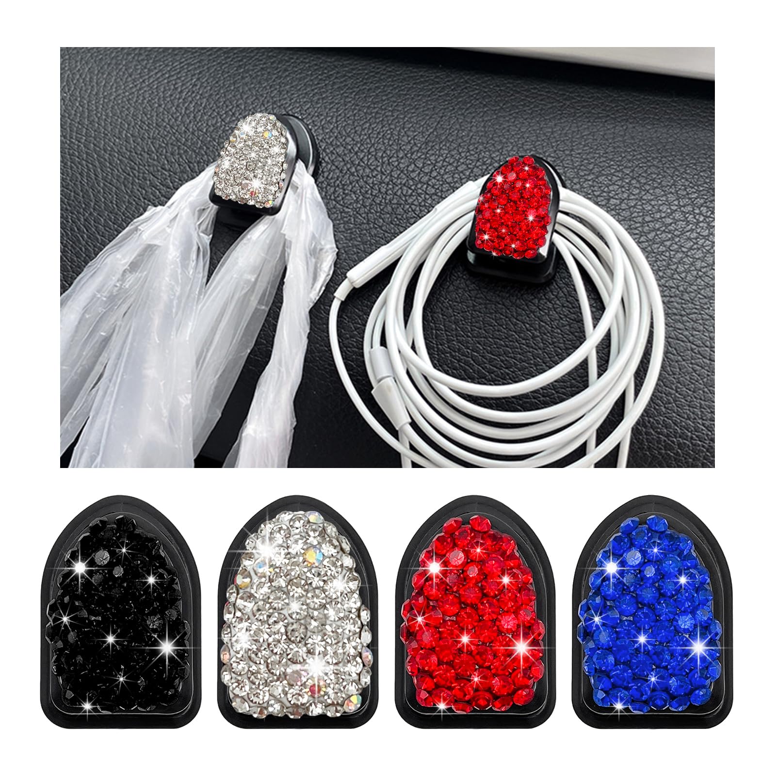 Yourkar 4PCS Bling Car Mini Hooks, Multifunctional Adhesive Small Auto Storage Hook for Key Cable Mask, Crystal Rhinestone Dashboard Hanging Hook, Interior Decor Car Accessories (Black+White+Red+Blue)