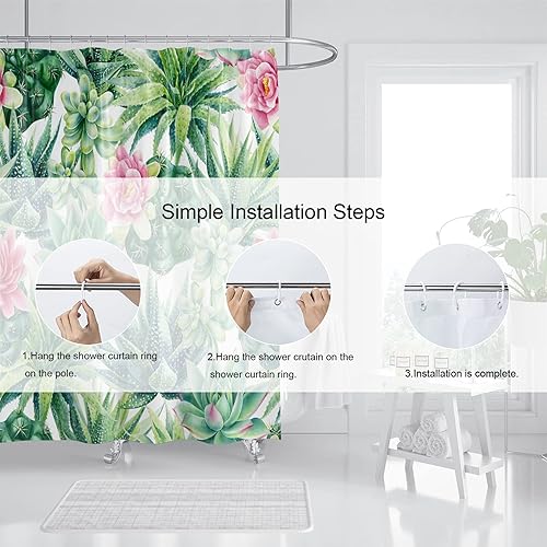 Miniatura 6 de Cortina de ducha suculenta, juego de cortina de ducha de cactus, cortinas de ducha de plantas verdes para baño, tela impermeable con 12 ganchos, 72