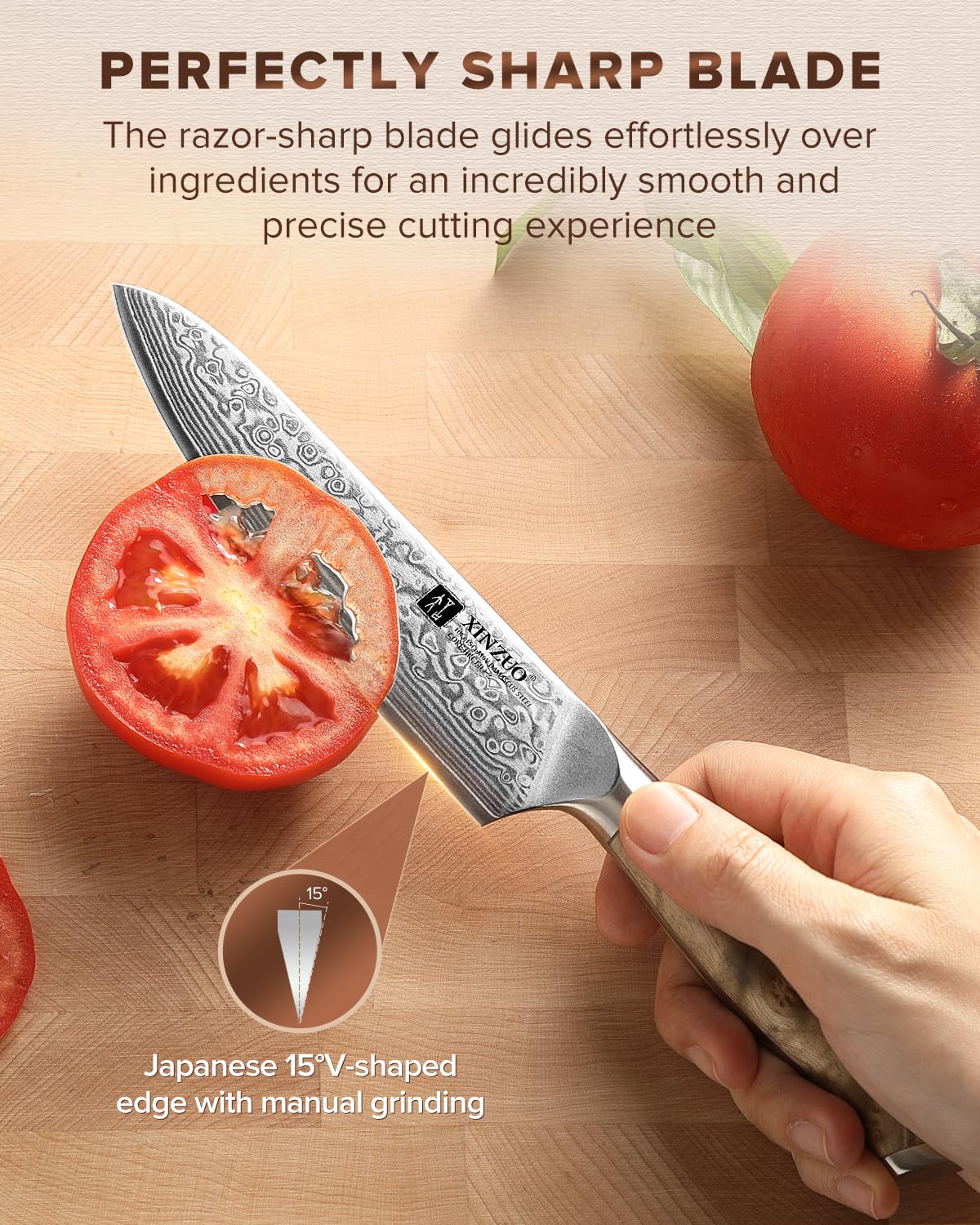 XINZUO Acero de Damasco Cuchillo Universal de Cocina 13,3cm Cuchillo para Pelar de Fruta -Mango Ergonómico de Figured Sycamore Wood -para Carne, Pescado, Fruta y Verdura -con Caja de Regalo