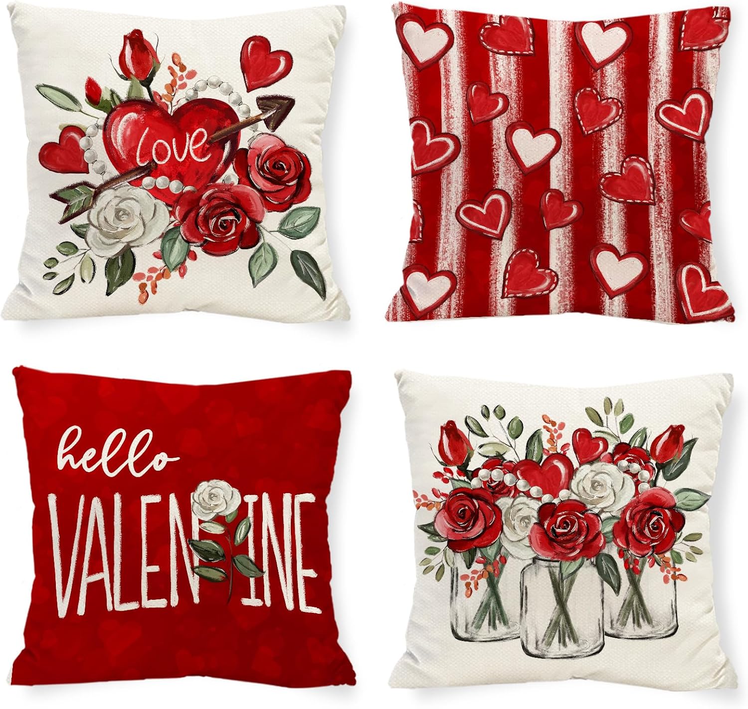 Valentines Day Red Love Heart Pillow Covers Rose Floral 18 x 18 Inch Throw Pillows, Anniversary Celebration Seasonal Decorative Farmhouse Cushion Case for Sofa Couch Set of 4