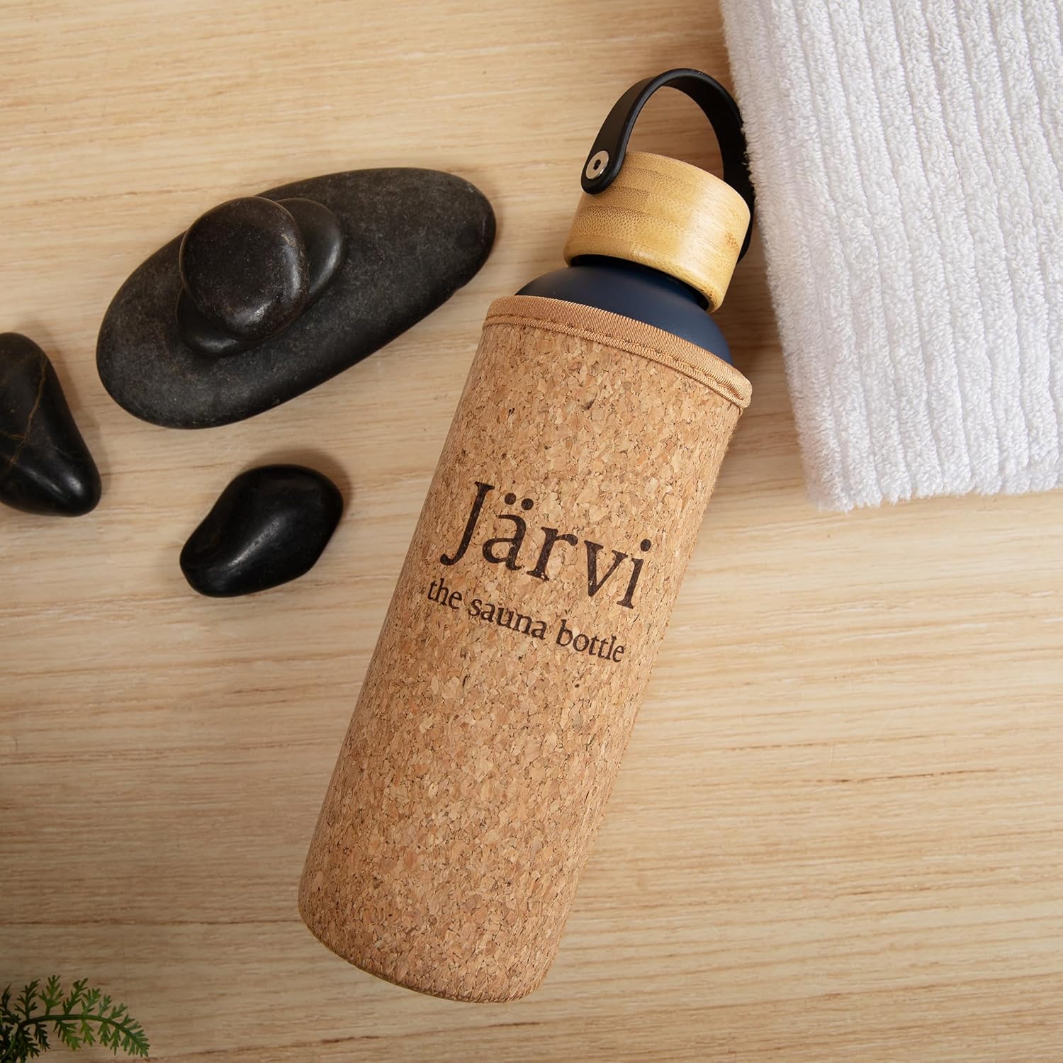 Jarvi The Sauna Bottle - 18 oz / 550 ml Icy Cold Water & Cool to Touch even in Hot Saunas - Natural Cork x Neoprene Outer Layer - Double Wall Insulated Steel Bottle. (Deep Blue, Medium)