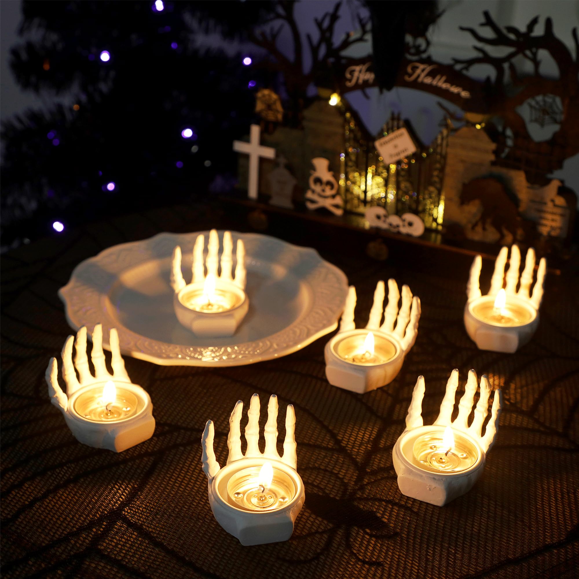 FORUP 6 Pack Skeleton Hand Tea Light Candle Holders, Halloween Candle Holder, Halloween Home Table Decoration, Dia.1.57", White