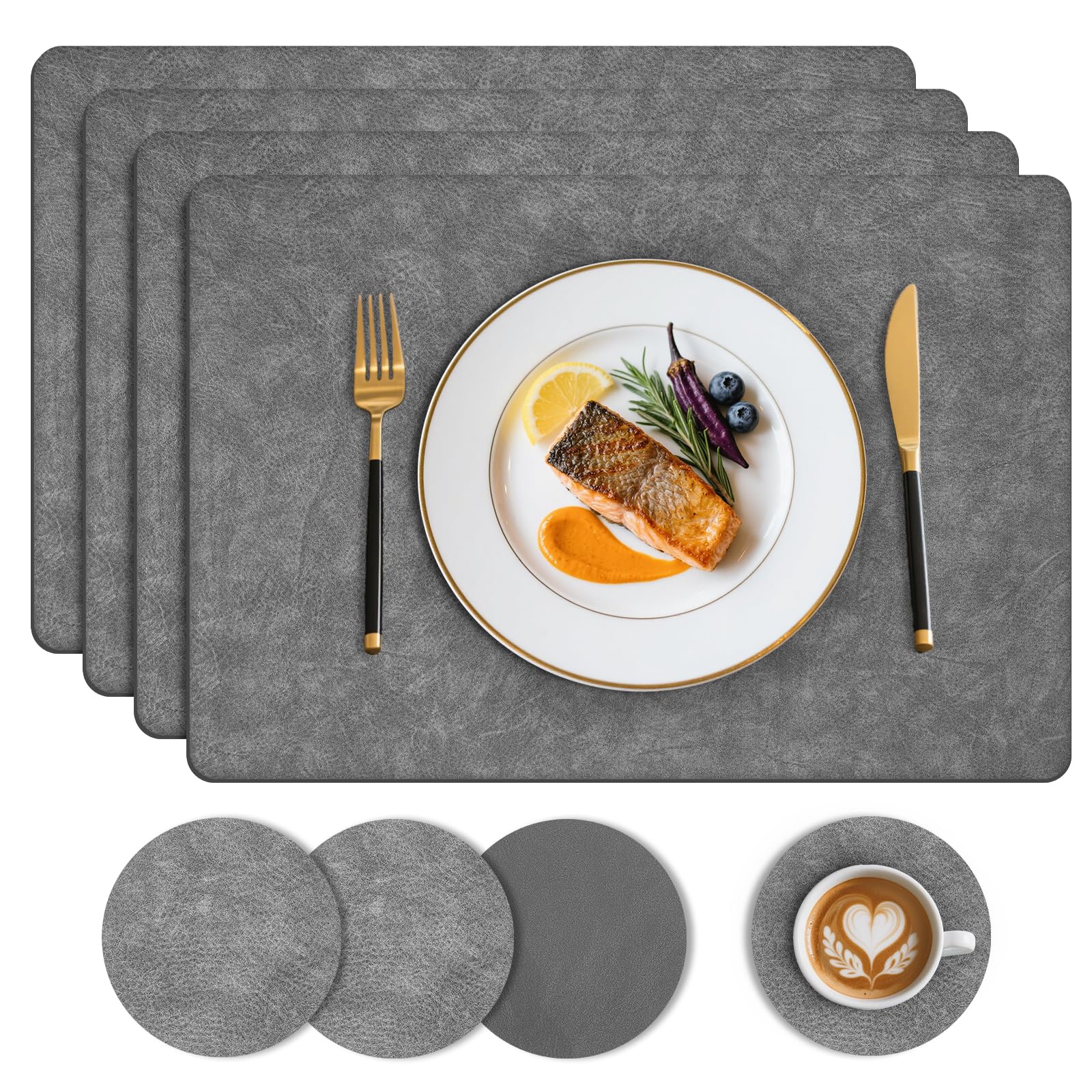 Nymblis Leather Square Placemats Set of 4, Washable & Non-Slip Table Mats and Coasters, Dual-Sided PU Place Mats for Table, Wipeable and Waterproof