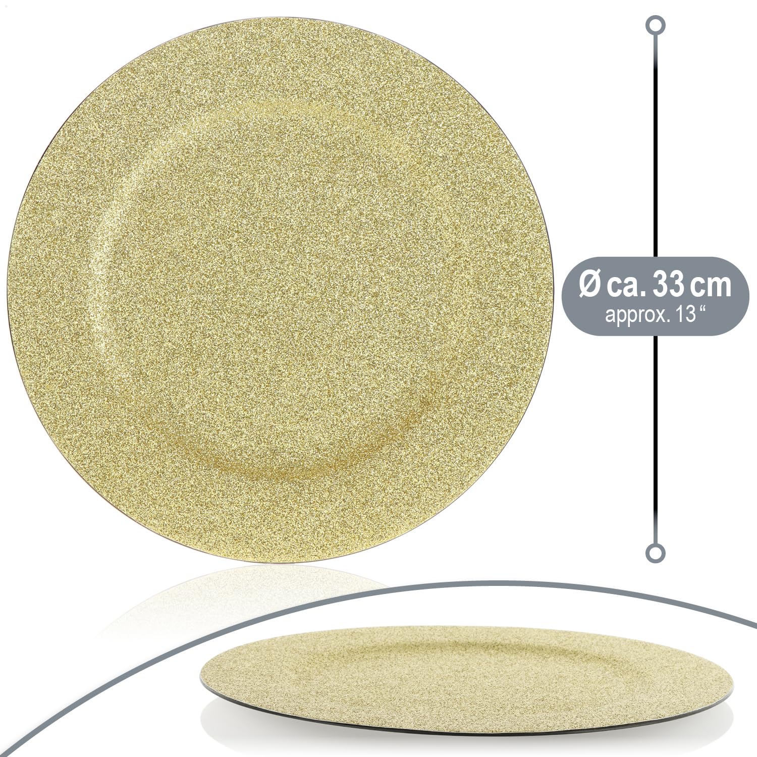 com-four® Sottopiatti 4X - piattini monocromatici riutilizzabili scintillanti come decorazioni da tavola - piatti decorativi monocromatici per matrimoni, feste di famiglia o Natale - Ø 33 cm