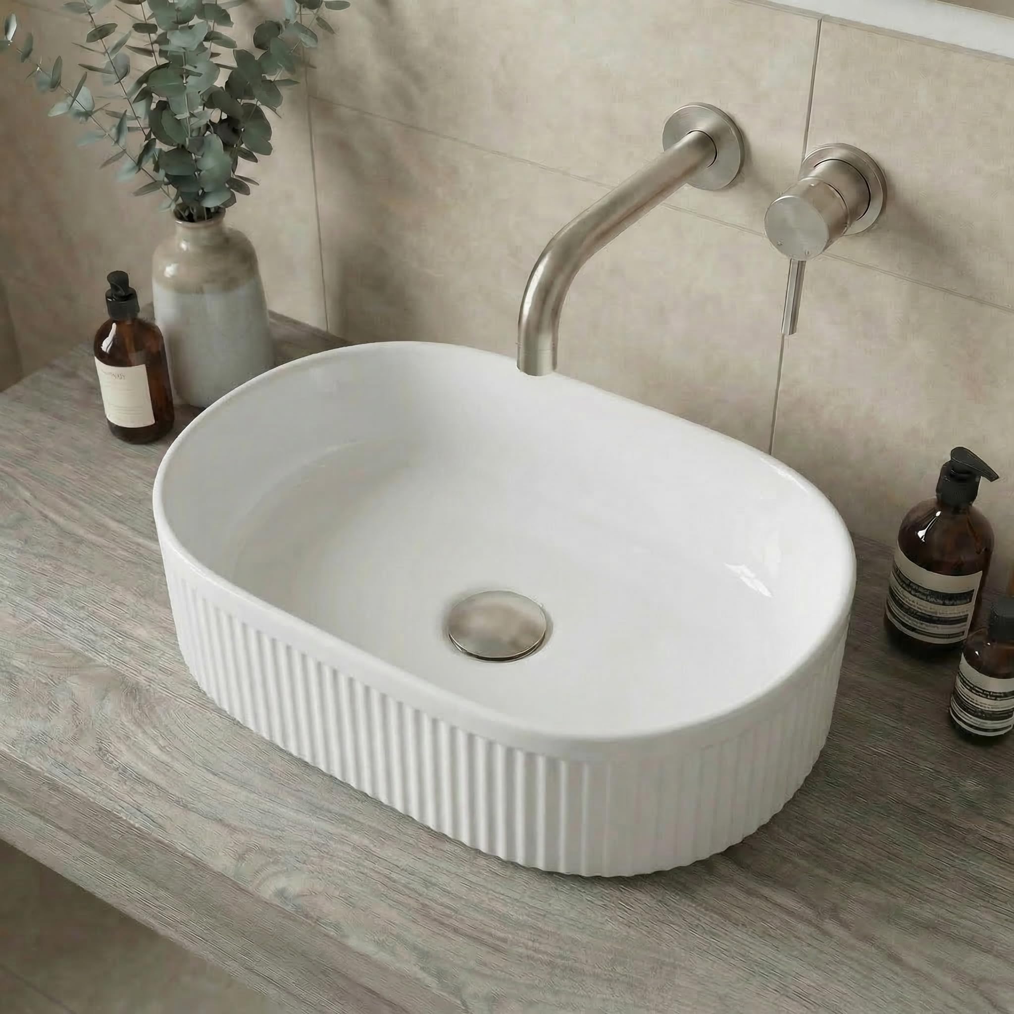Baystone White Gloss Baystone® Fluted Countertop Basin For Bathroom And Cloakroom Hand Wash Basins Sink Modern Oval, 573 X 358Mm