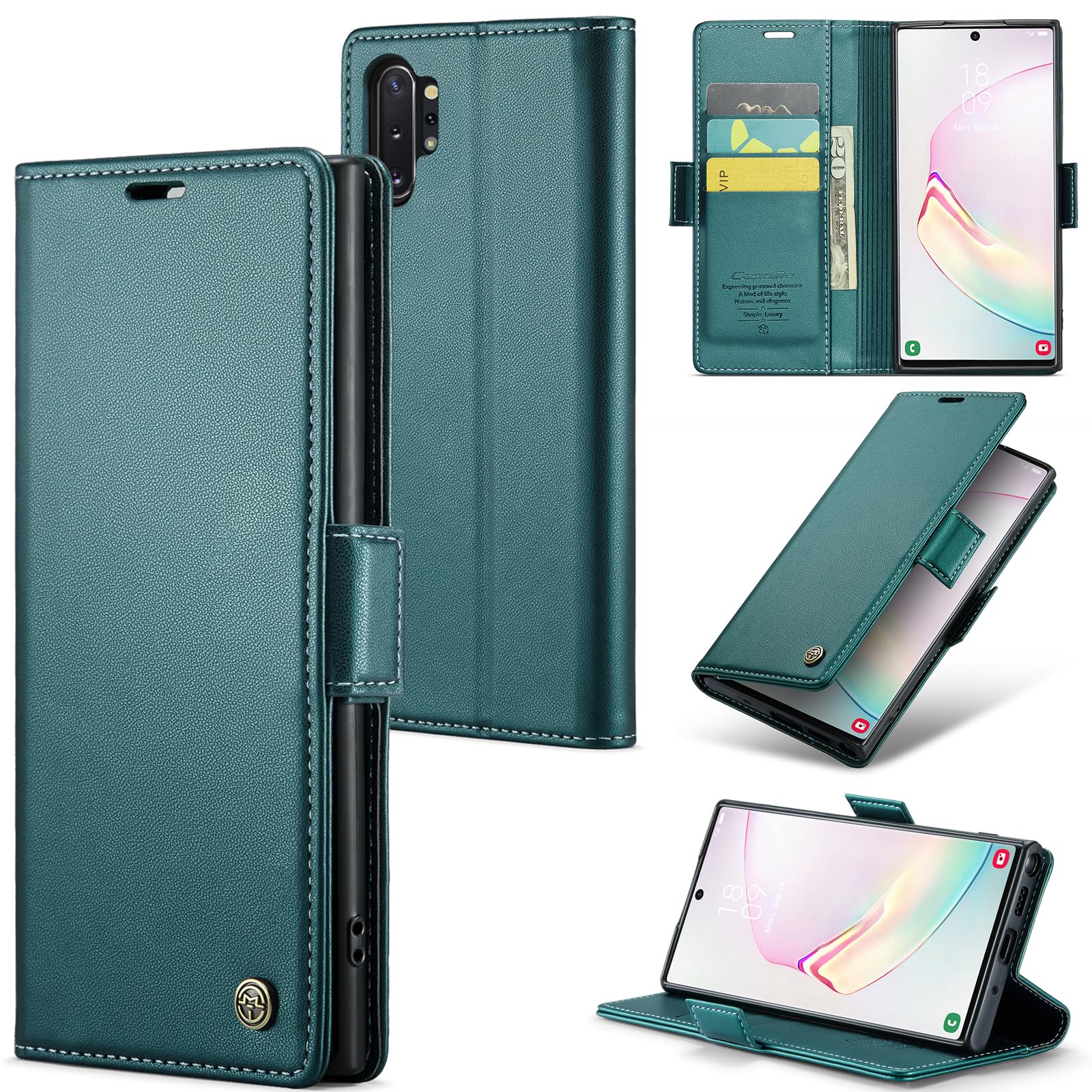 for Samsung Galaxy Note 10 Plus Case, Premium PU Leather Wallet Case Flip Cover with [RFID Blocking][Card Holder][Stand Function] Shockproof Protective for Samsung Note 10 Plus, Blue-Green