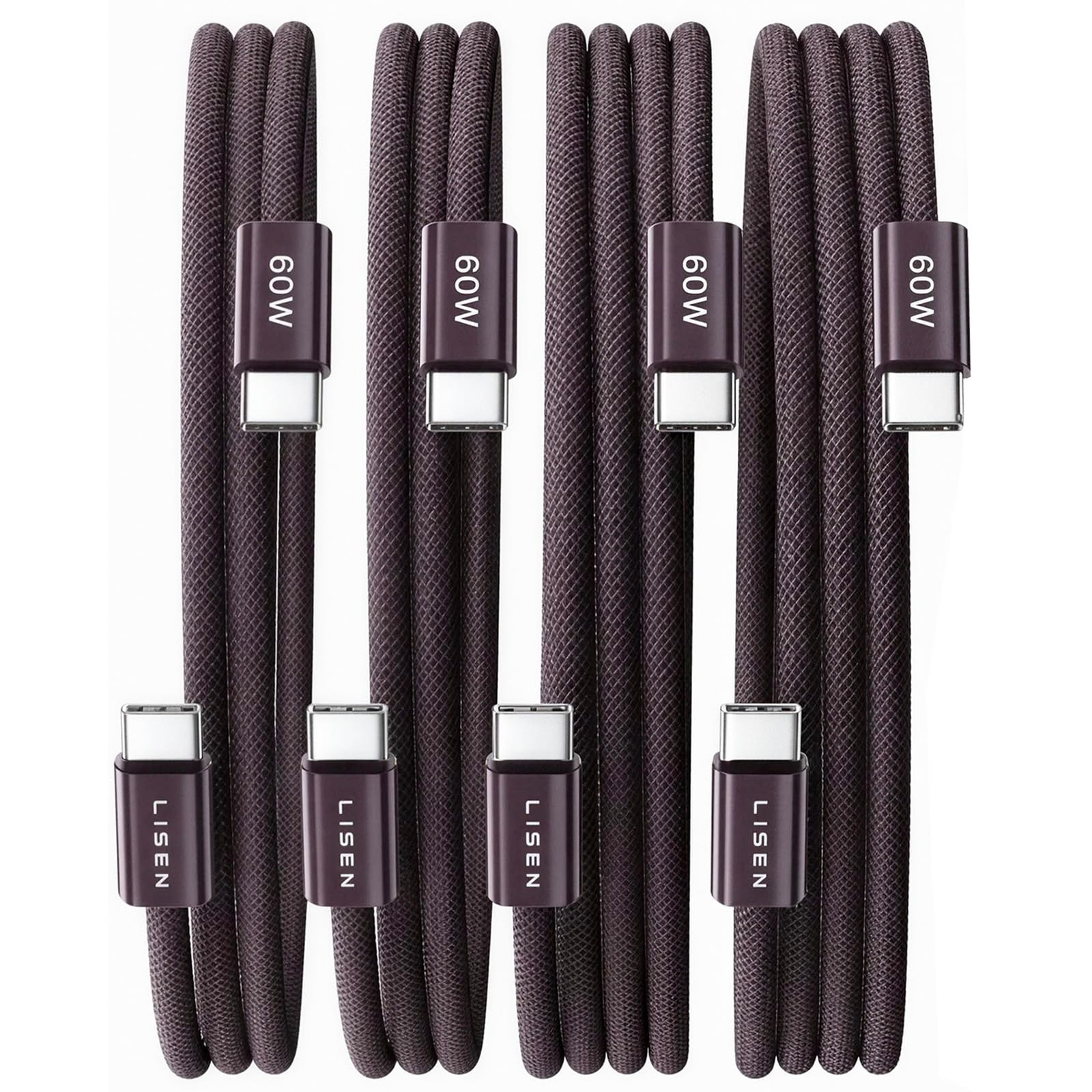 LISEN 60W USB C Kabel, [4er Pack, 0.5M+1M+1M+2M] USB C auf USB C Kabel Set, PD 3.0 Schnellladekabel USB C für iPhone 17 Pro Max Zubehör,iPhone 16 15,Switch,Samsung Galaxy,Pixel,MacBook,iPad,Burgundy