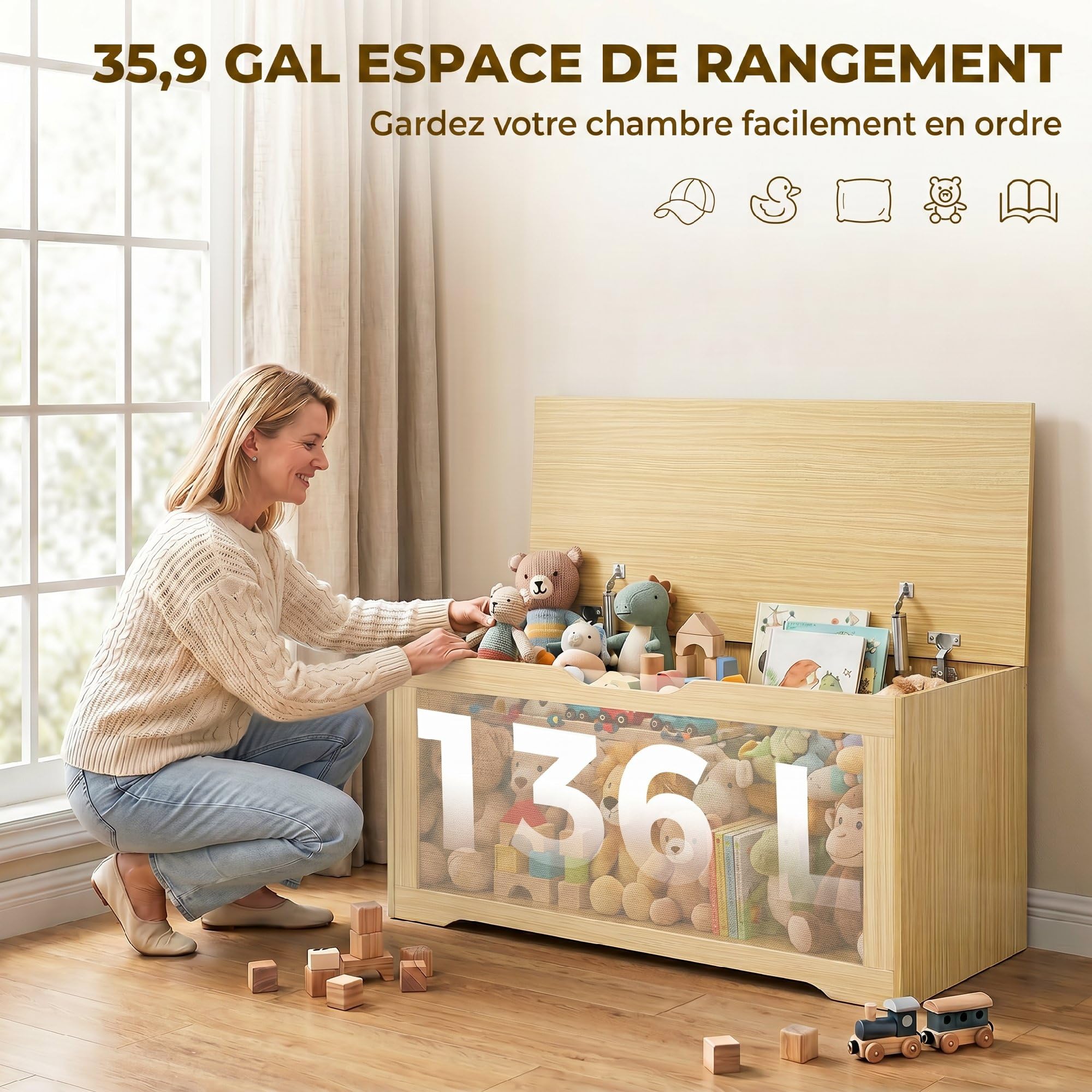 HOMCOM Coffre de Rangement en Rotin 136L Banc Coffre 100x40x45 cm Chêne