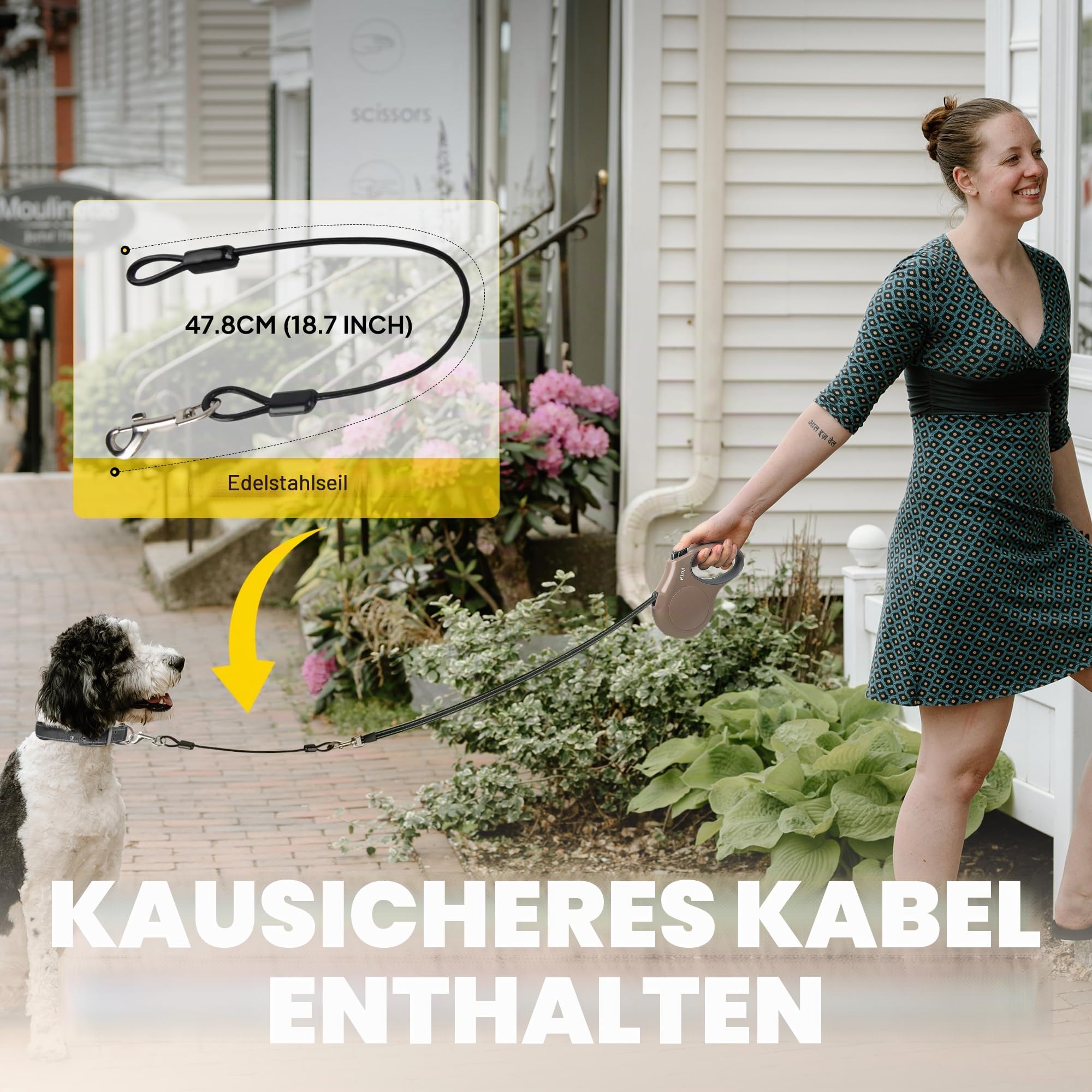 Fida Ausziehbare Hundeleine, 4,9 m, für kleine und mittelgroße Hunde bis zu 20 kg, 360° verhedderungsfrei, Kaffee/Braun