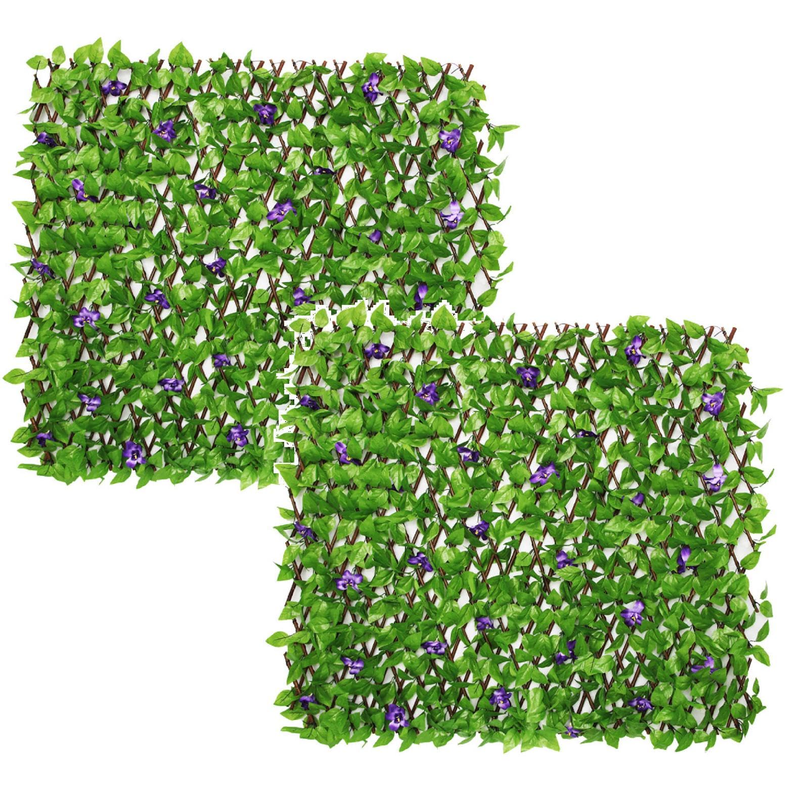 Artificial Ivy and Violet Flower Fence Screening, Expanding Garden Trellis Panels for Balcony Patio Outdoor Privacy, Decorative Faux Ivy Fencing Panel with Willow Wood Frame (2PCS)