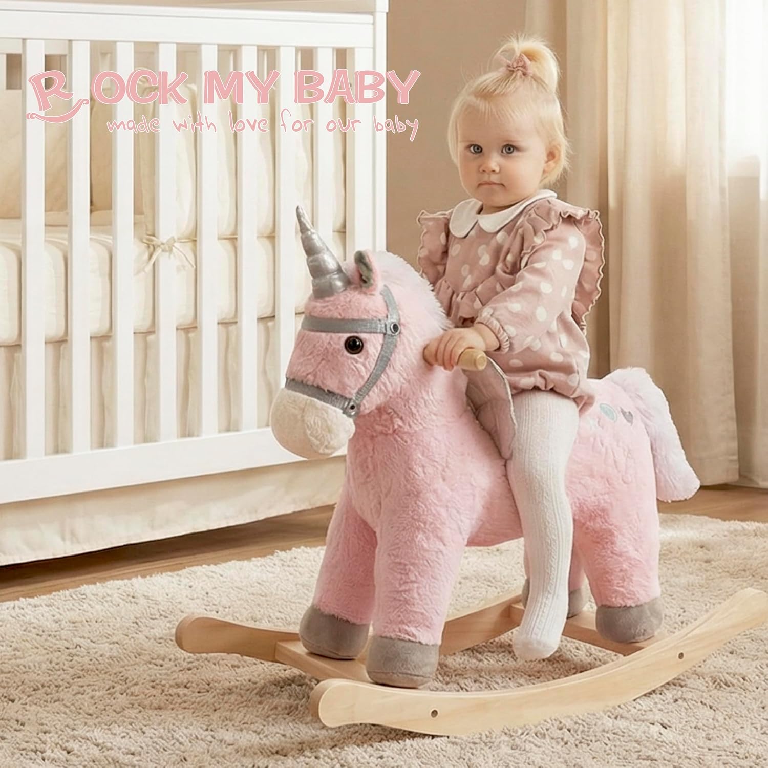 Rocking Horse, Pink Unicorn/Pony Animal Rocker with Realistic Sound Plush Stuffed Rocking Horses for Toddlers 18M+, CPC Certified