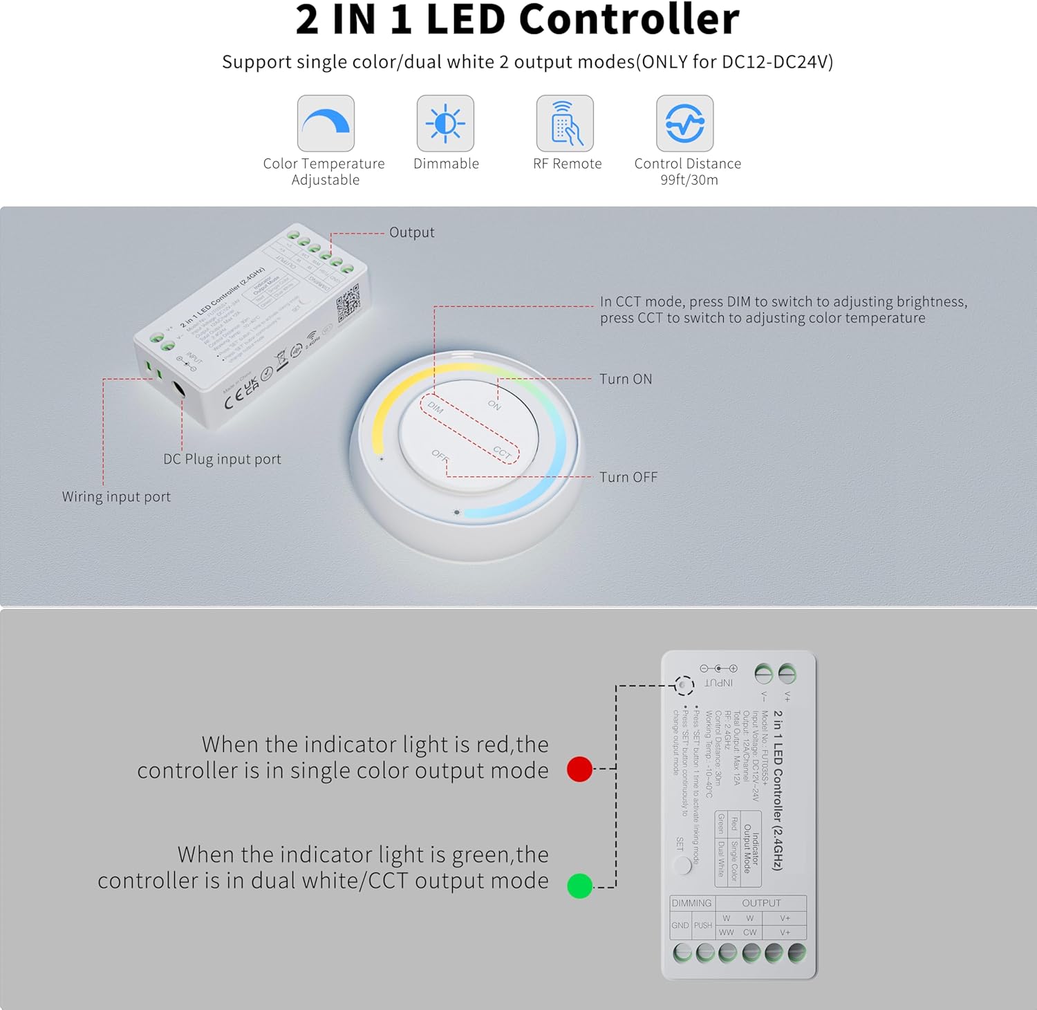 PAUTIX Single Color+CCT LED Controller Magnetic Panel Dimmer,2.4G RF Wireless Remote Control,288W High Output 2-in-1 LED Controller/Driver,for 2835/3528/5050/COB/CCT PWM LED Strip Lights,12V 24V - Image 5