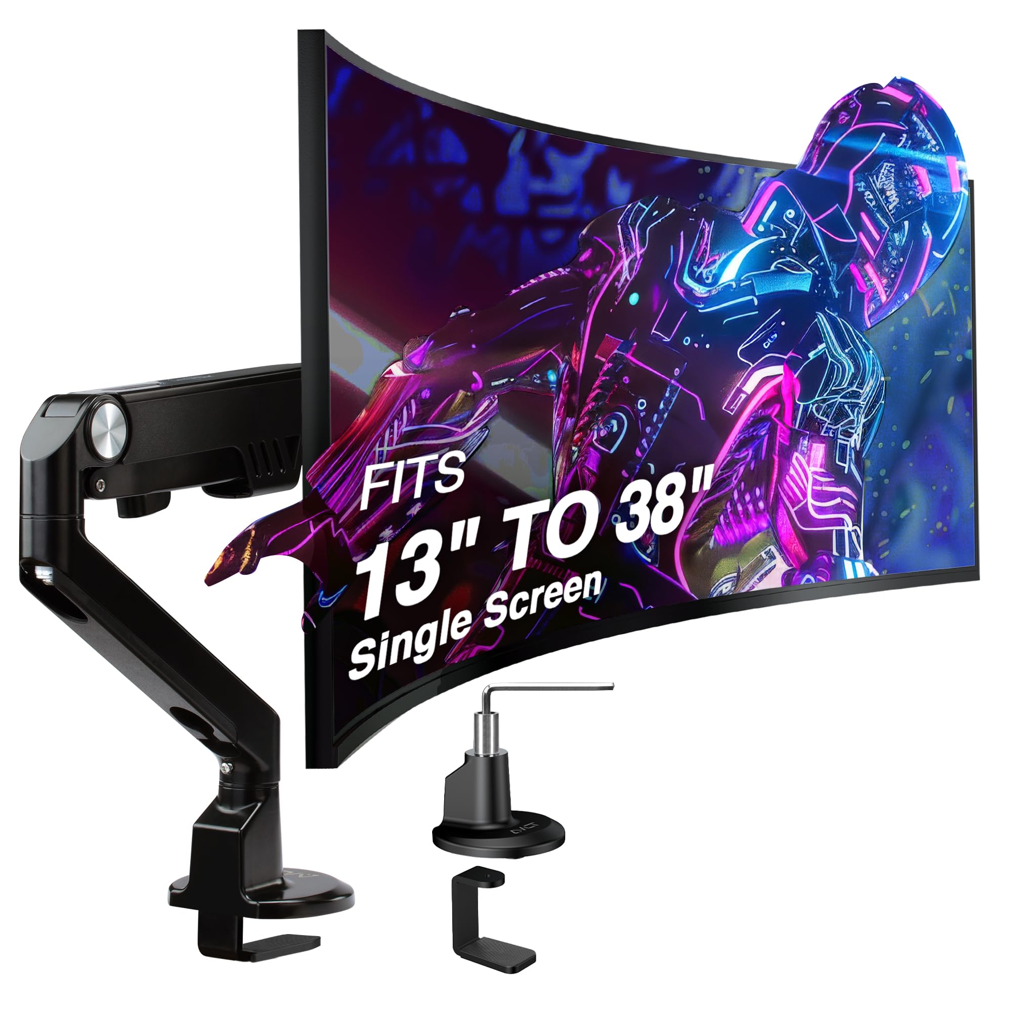 AVLT Single 13"-38" Monitor Arm Desk Mount - Fits One Flat/Curved/Ultrawide Monitor - Full Motion Height Swivel Tilt Rotation Adjustable - VESA/C-Clamp/Cable Management - Black