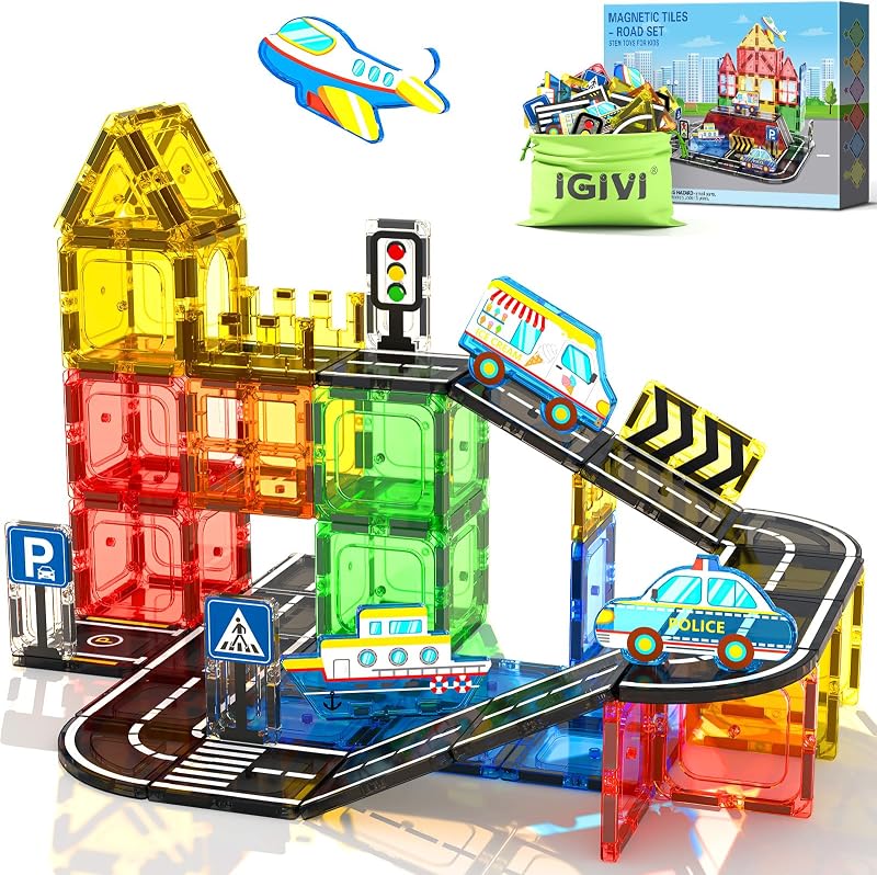Magnetic Tiles Road Set, STEM Magnetic Blocks for Kids Ages 3-5 4-8 5-7, Construction Magnet Tiles Kids Toys, Christmas Birthday Gift for Boys Girls Ages 3+