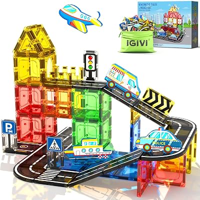 IGIVI Magnetic Tiles Road Set, STEM Magnetic Blocks for Kids Ages 3-5 4-8 5-7, Construction Magnet Tiles Kids Toys, Christmas Birthday Gift for Boys Girls Ages 3+