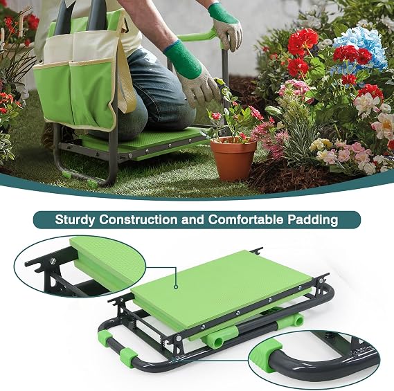 Foldable Garden Kneeler and Seat – 2-in-1 Gardening Stool with a Tool Storage Pouch, Lightweight and Portable for Elderly, Outdoor, Lawn Care (Green)