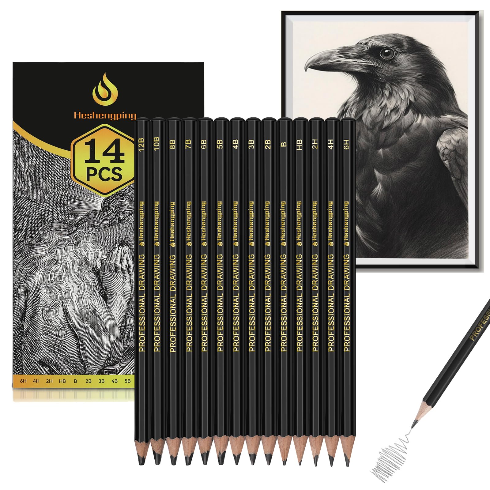 Heshengping Drawing Sketch Pencil Set 14pcs Sketching Pencils 12B 10B 8B 7B 6B 5B 4B 3B 2B B HB 2H 4H 6H Graphite Pencils for Kid Adults Artists